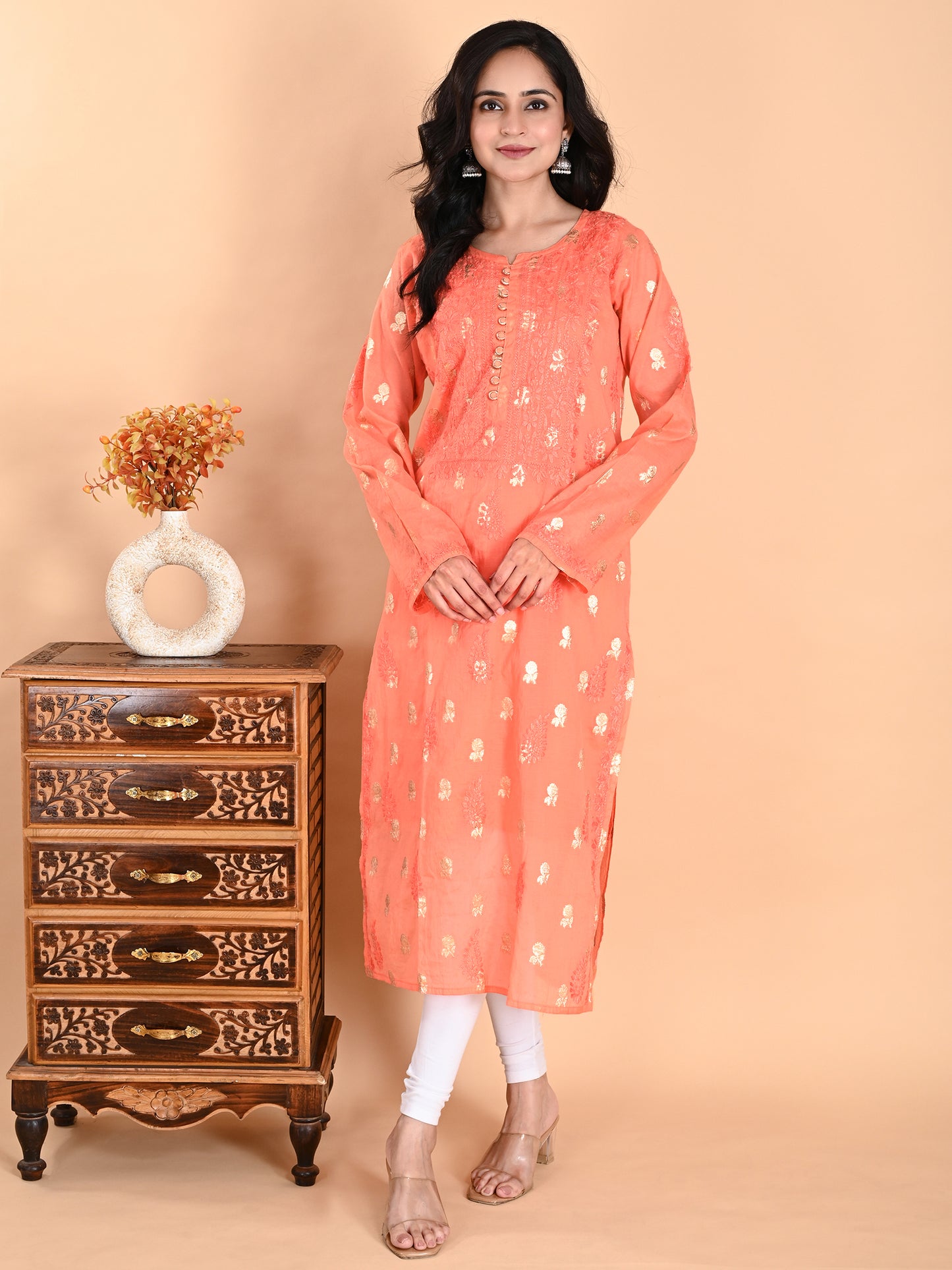 Peach Mul Chanderi Lucknowi Chikankari Long Kurta for Women with Inner, Banarasi Boota Hand Embroidery – Ethnic Wear Kurti