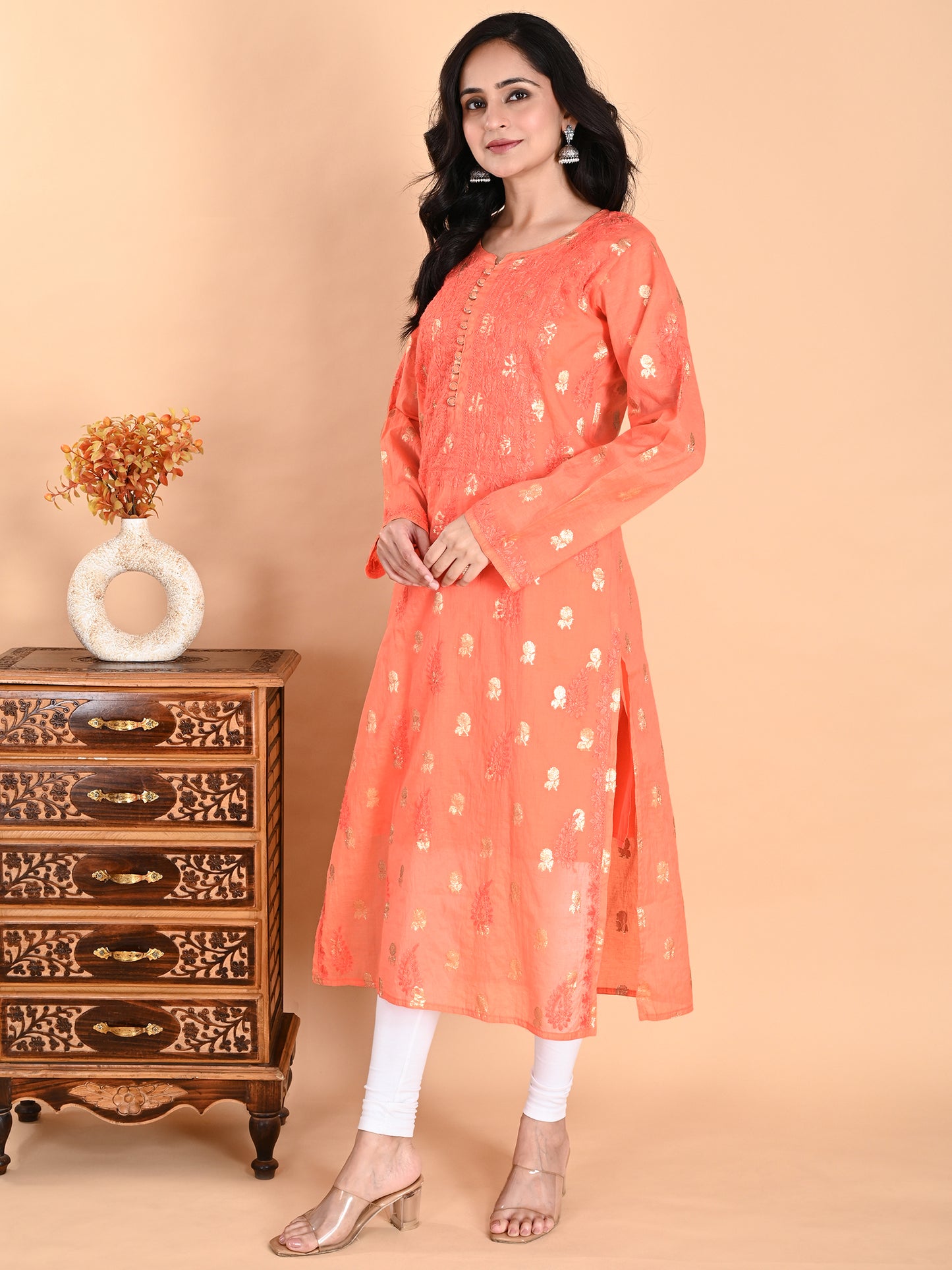 Peach Mul Chanderi Lucknowi Chikankari Long Kurta for Women with Inner, Banarasi Boota Hand Embroidery – Ethnic Wear Kurti