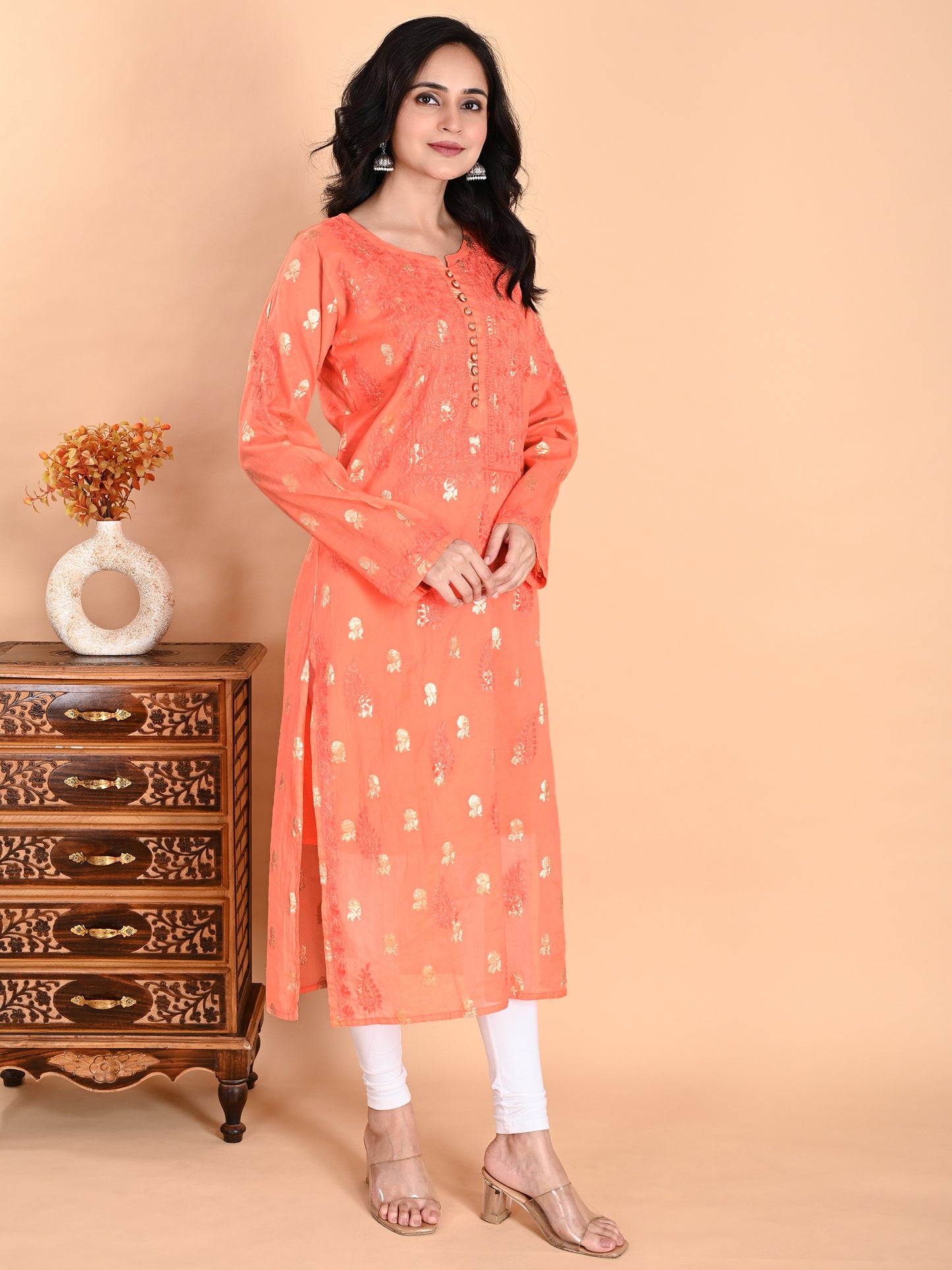 Peach Mul Chanderi Lucknowi Chikankari Long Kurta for Women with Inner, Banarasi Boota Hand Embroidery – Ethnic Wear Kurti