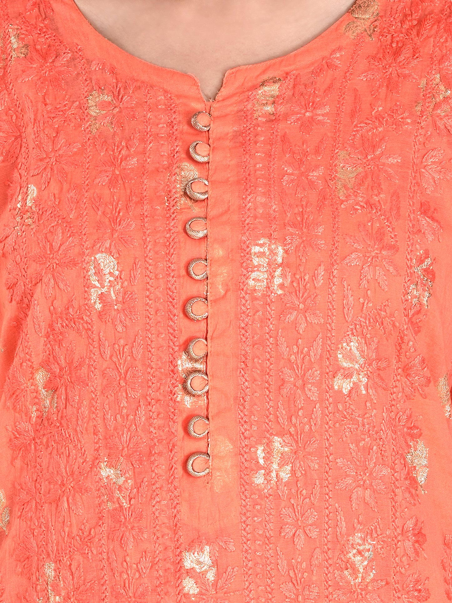 Peach Mul Chanderi Lucknowi Chikankari Long Kurta for Women with Inner, Banarasi Boota Hand Embroidery – Ethnic Wear Kurti