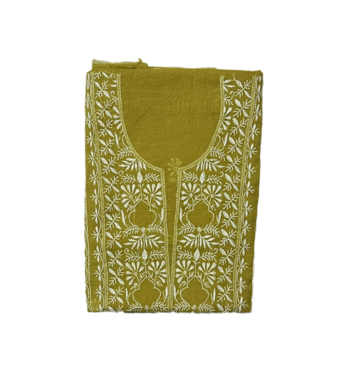 Pure Mul Chanderi Lucknowi Chikankari Unstitched Suit for Women with Dupatta – Hand Embroidered Ethnic Dress Material (2 Piece Set) - Mehendi