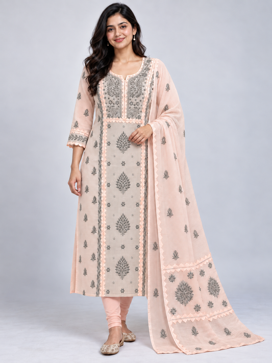 NAZAIRA Women's Peach Kota Cotton Unstitched 2 Piece Suit Dress Material with Dupatta | Lucknow Chikankari Hand Embroidery, Applique & 3D Work | Heavy Dupatta, Wedding & Festive