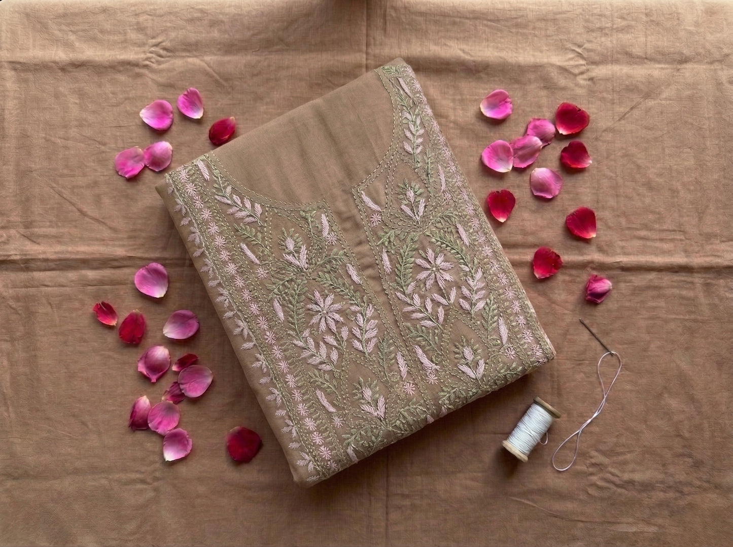 Pure Mul Chanderi Unstitched Suit for Women with Dupatta & Bottom | Lucknow Chikankari Hand Embroidery Kurta Dress Material | Designer Ethnic Wear Set | Handmade Chikankari Fabric | Tan Beige