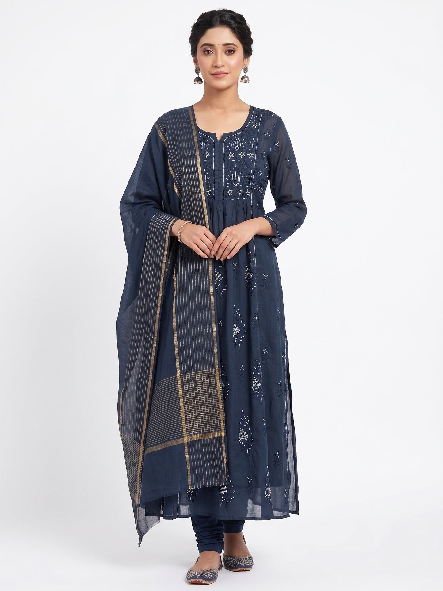 Nazaira Pure Mul Chanderi Semi-Stitched Suit for Women with Dupatta | Hand Embroidered Lucknow Chikankari Kurta Set | Heavy Cutdana & Sequence Work | Naira Cut Gown Style | Black