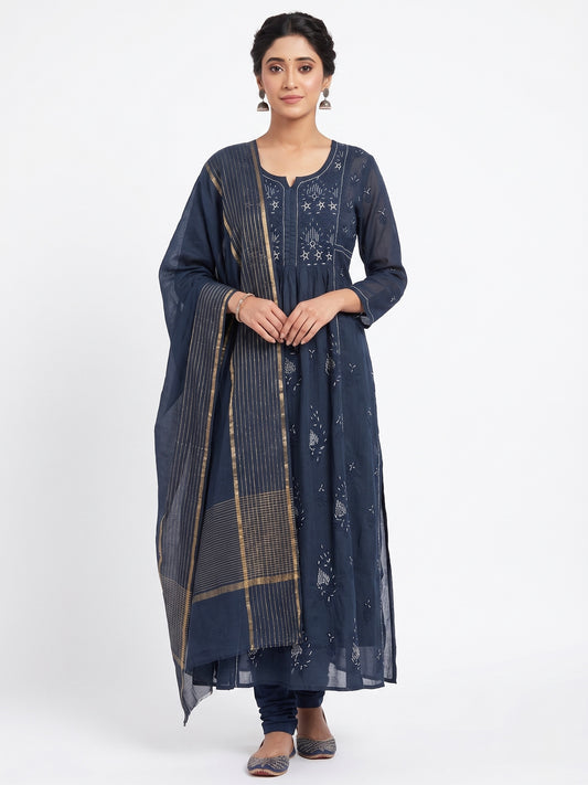 Nazaira Pure Mul Chanderi Semi-Stitched Suit for Women with Dupatta | Hand Embroidered Lucknow Chikankari Kurta Set | Heavy Cutdana & Sequence Work | Naira Cut Gown Style | Black
