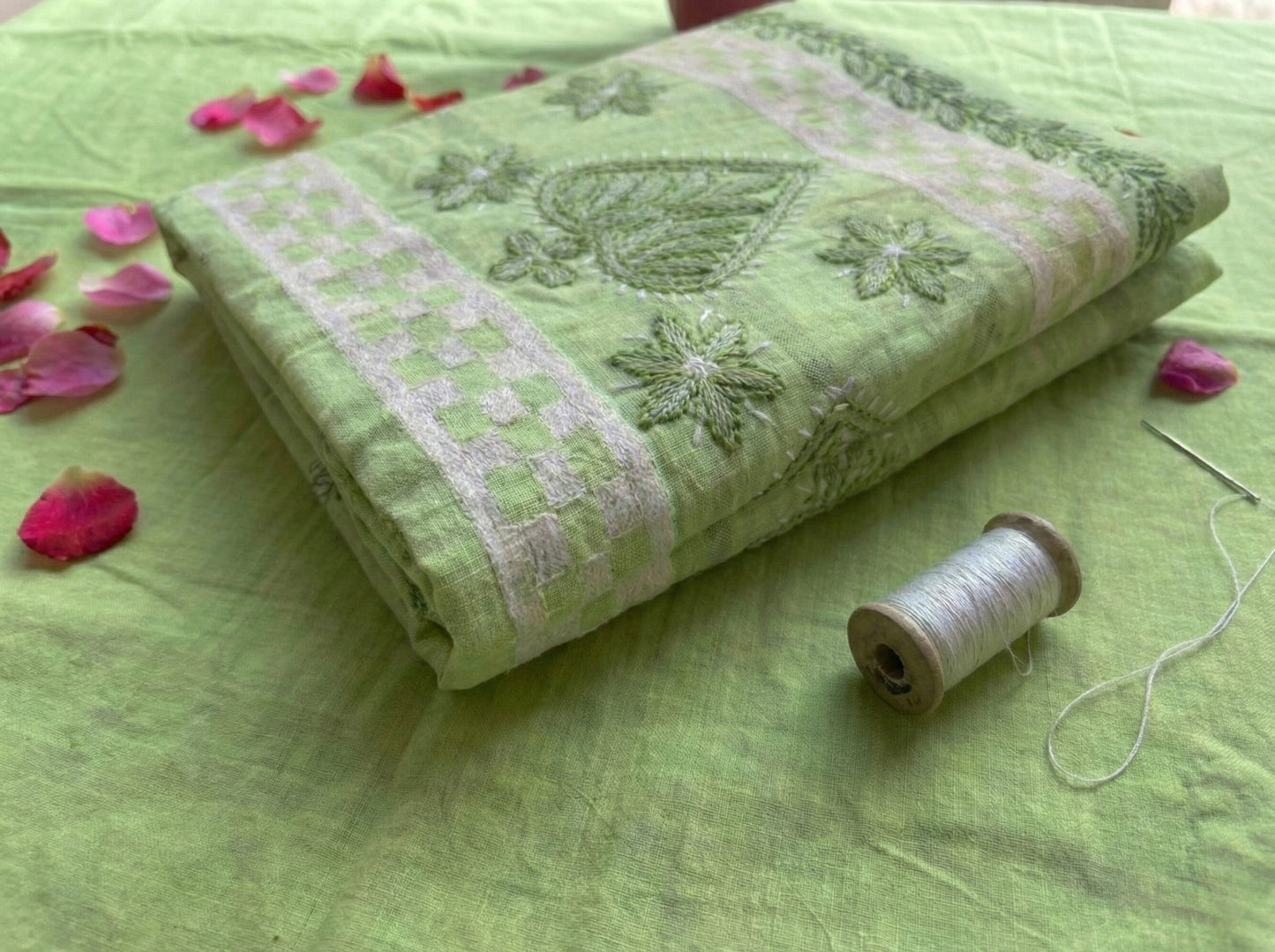 Green Cotton Lucknowi Chikankari Unstitched Suit Set for Women with Hand Embroidery – Kurta Fabric, Dupatta & Bottom 3 Piece Ethnic Dress Material
