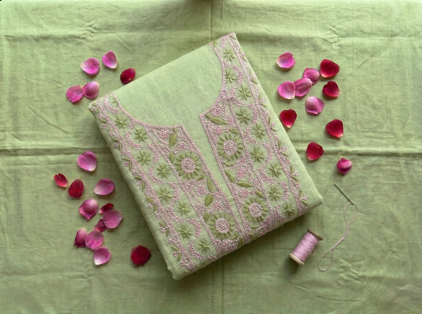 Pure Mul Chanderi Unstitched Suit for Women | Lucknow Chikankari Hand Embroidery Kurta Dress Material with Dupatta & Bottom | Pastel Green Ethnic Wear | Handmade Luckhnawi Chickankari Set