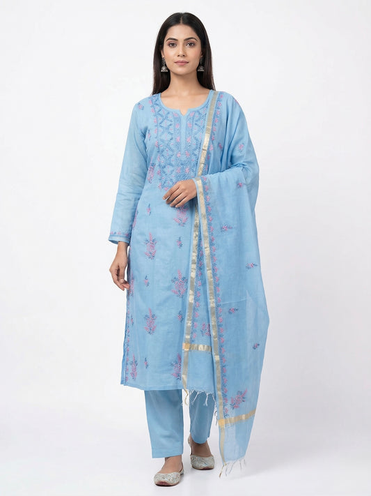 Pure Mul Chanderi Unstitched Suit for Women | Lucknow Chikankari Hand Embroidery Kurta Material with Dupatta & Pajama | Powder Blue Ethnic Wear | Handmade Designer Dress Material