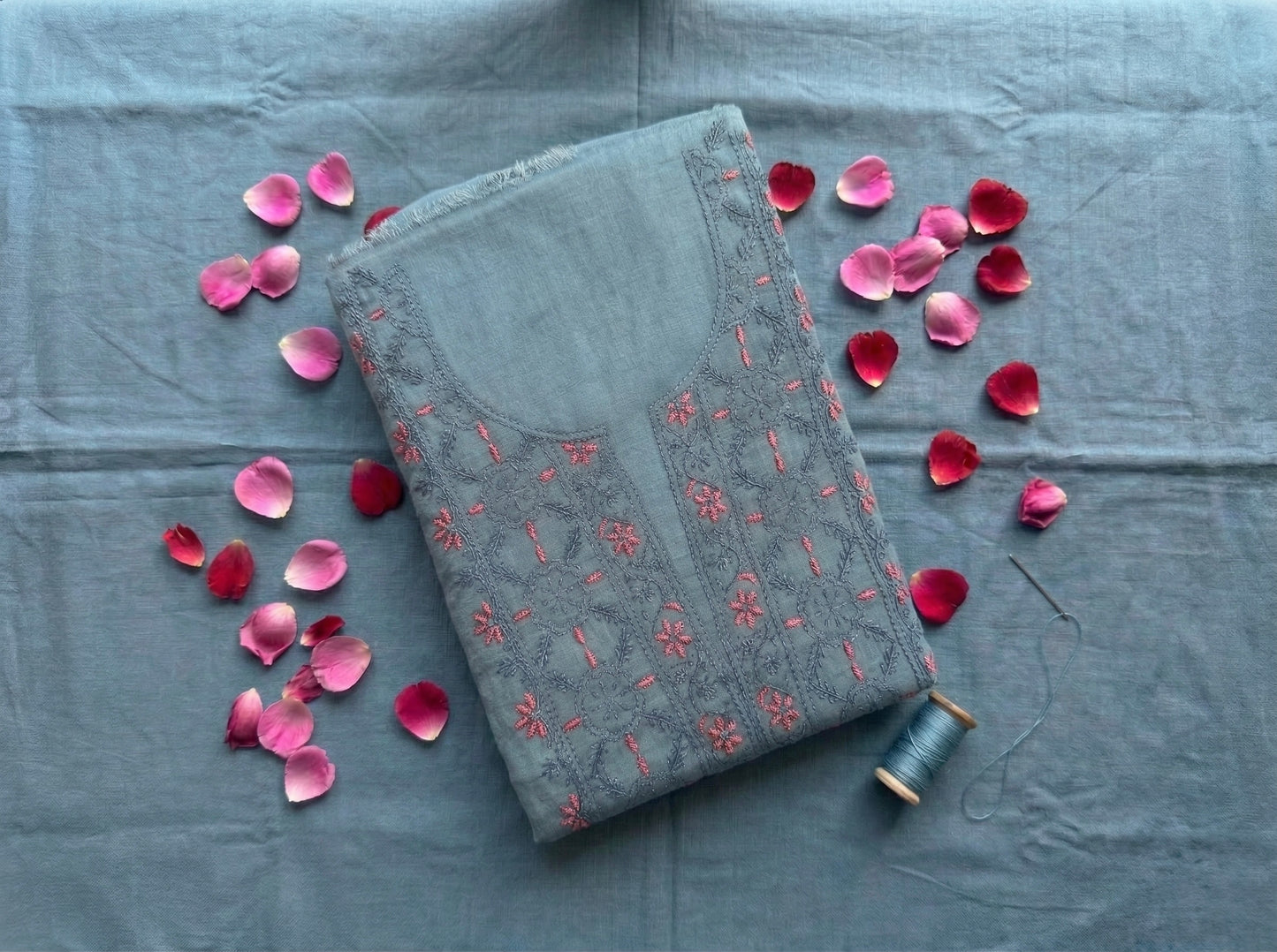 Pure Mul Chanderi Unstitched Suit for Women | Lucknow Chikankari Hand Embroidery Kurta Material with Dupatta & Pajama | Powder Blue Ethnic Wear | Handmade Designer Dress Material