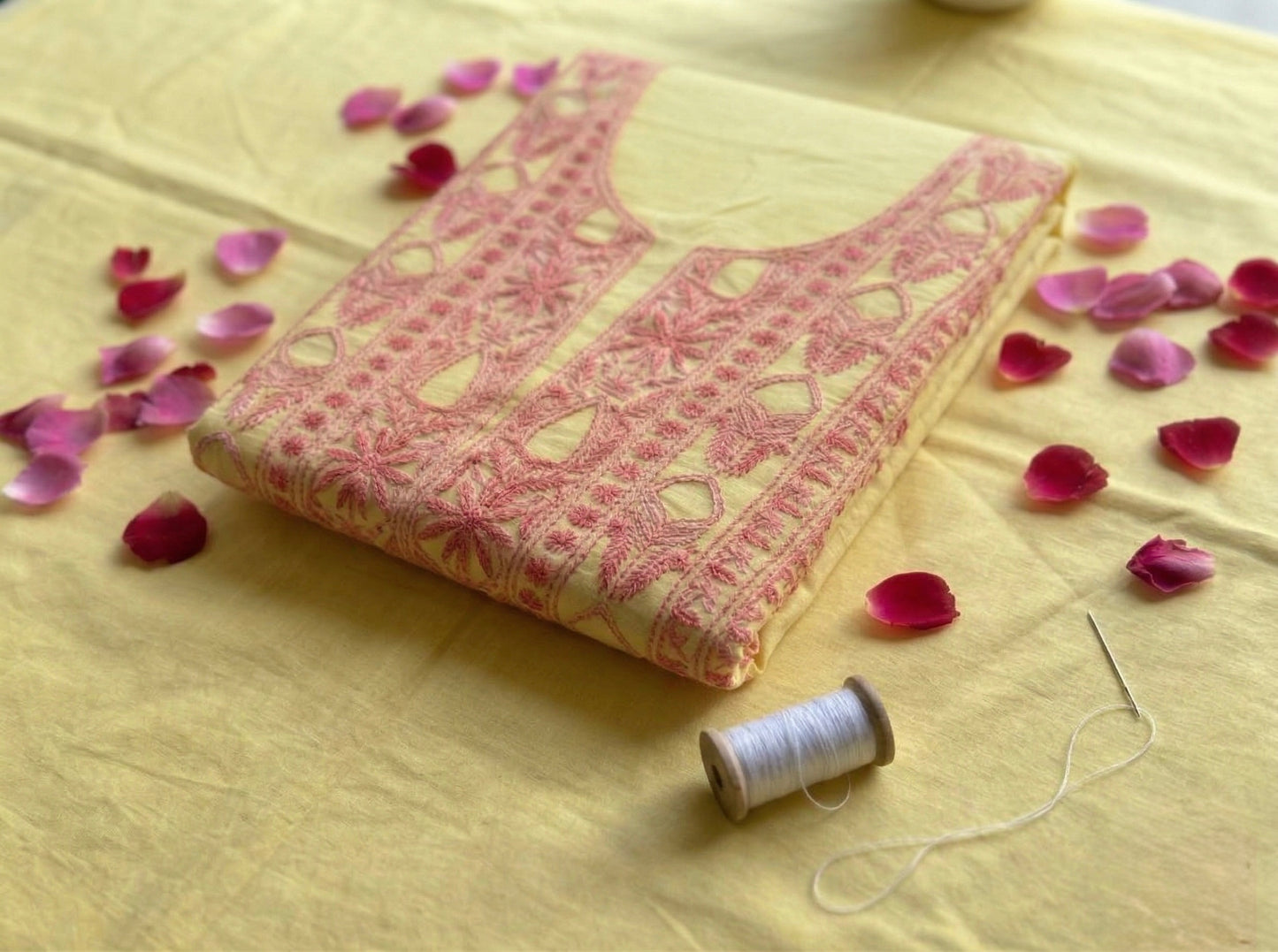 Pure Mul Chanderi Unstitched Suit for Women with Dupatta & Bottom | Lucknow Chikankari Hand Embroidery Kurta Set | Lemon Yellow Ethnic Wear | Designer 3 Piece Dress Material