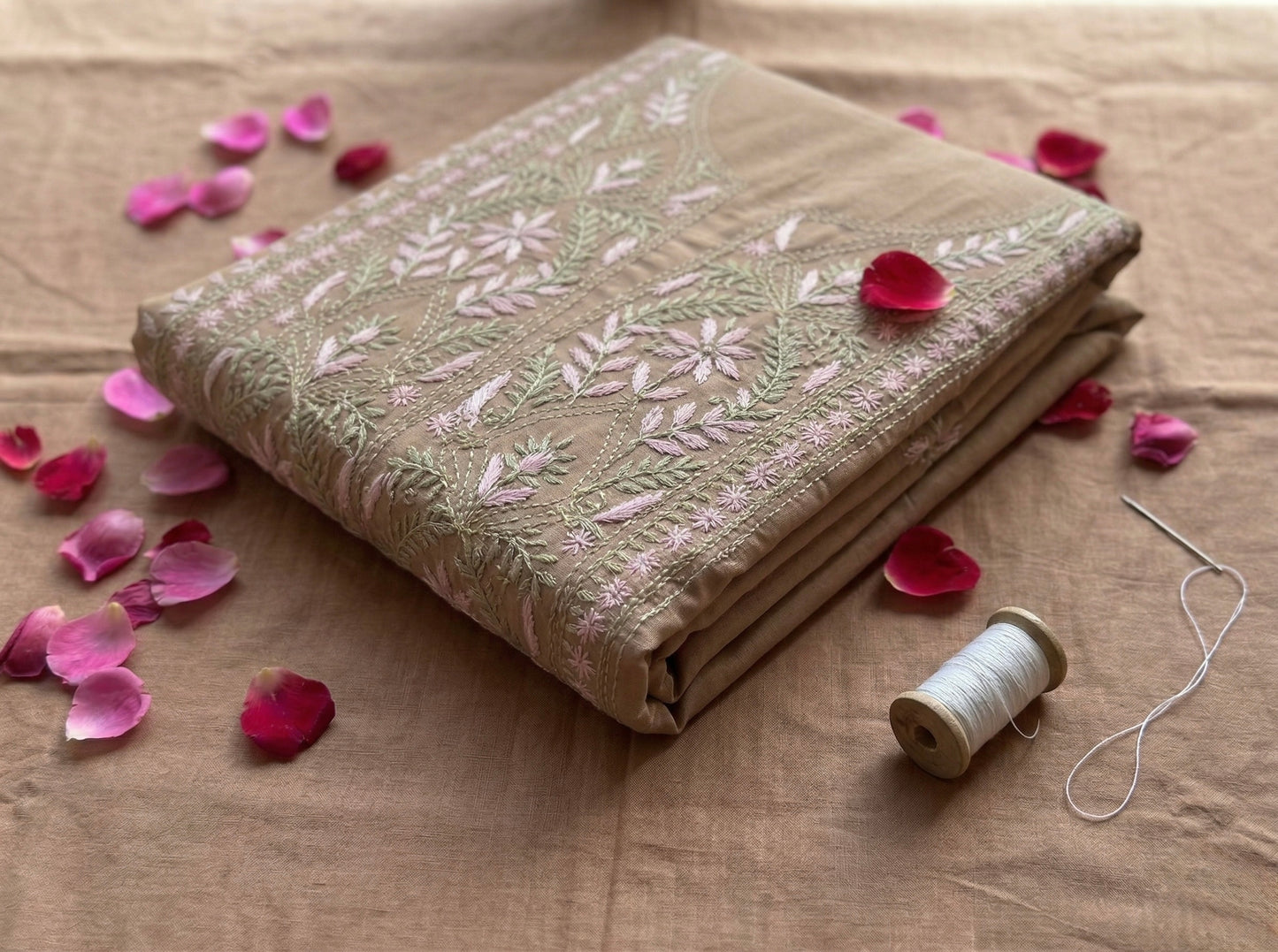 Pure Mul Chanderi Unstitched Suit for Women with Dupatta & Bottom | Lucknow Chikankari Hand Embroidery Kurta Dress Material | Designer Ethnic Wear Set | Handmade Chikankari Fabric | Tan Beige