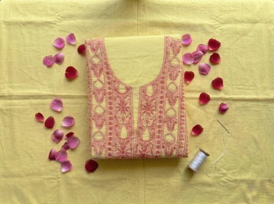 Pure Mul Chanderi Unstitched Suit for Women with Dupatta & Bottom | Lucknow Chikankari Hand Embroidery Kurta Set | Lemon Yellow Ethnic Wear | Designer 3 Piece Dress Material