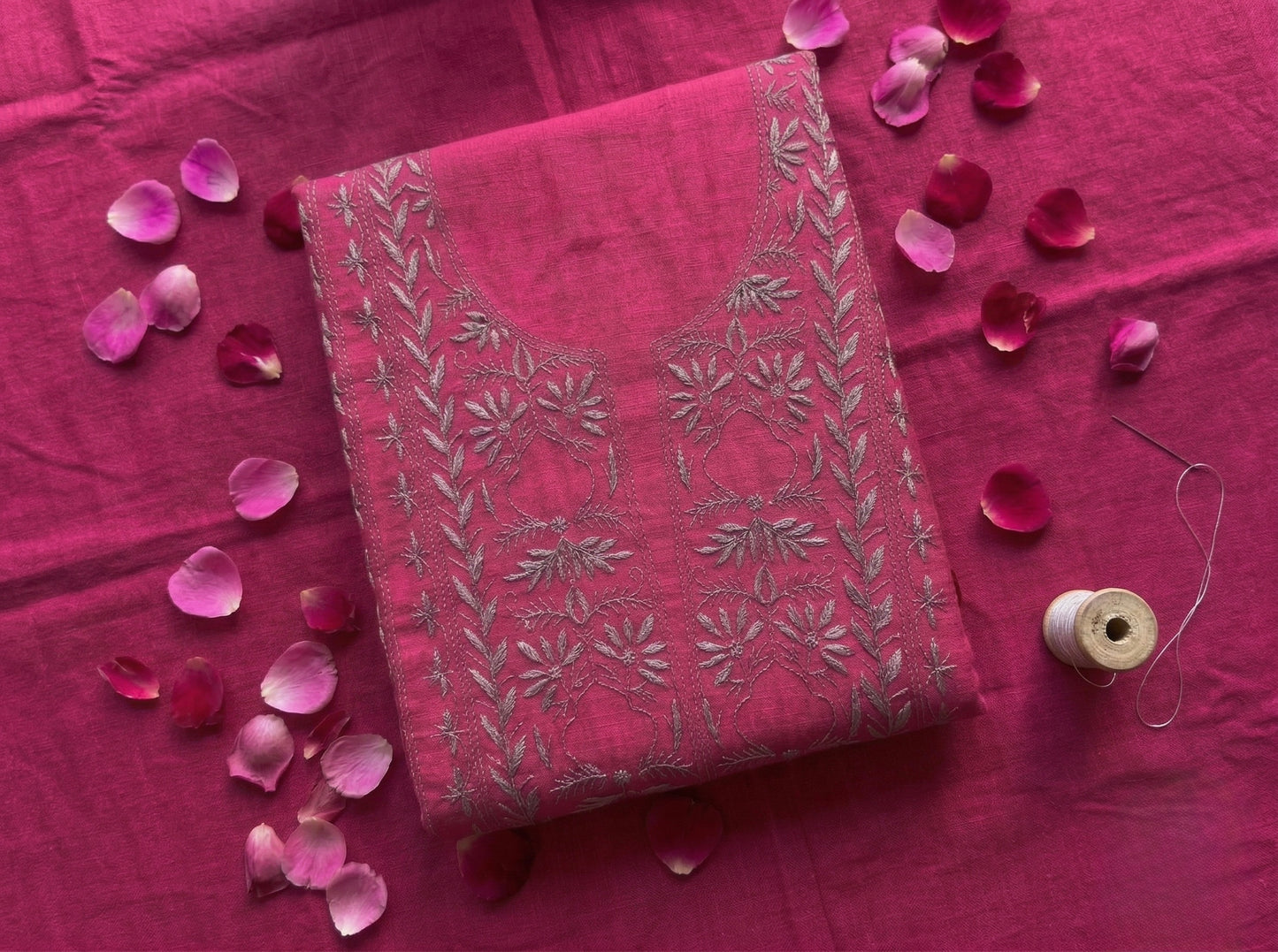 Pure Mul Chanderi Unstitched Suit for Women (3 Piece) Rani Pink | Lucknow Chikankari Hand Embroidery Kurta Dupatta Set | Ethnic Wear Dress Material with Pajama | Handmade Designer Suit
