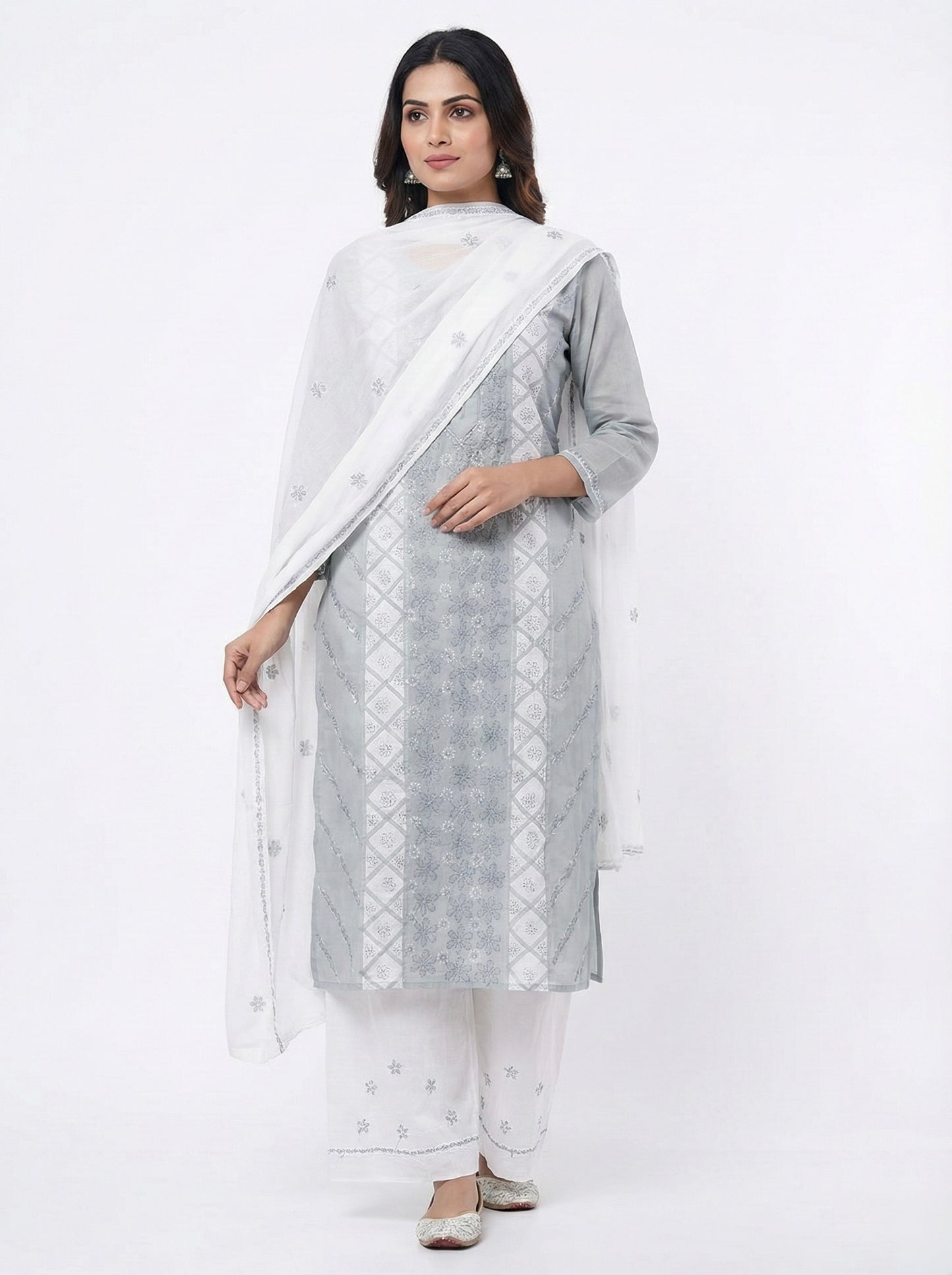 Grey Cotton Lucknowi Chikankari Unstitched Suit Set for Women with Hand Embroidery – Kurta Fabric, Dupatta & Bottom 3 Piece Ethnic Dress Material