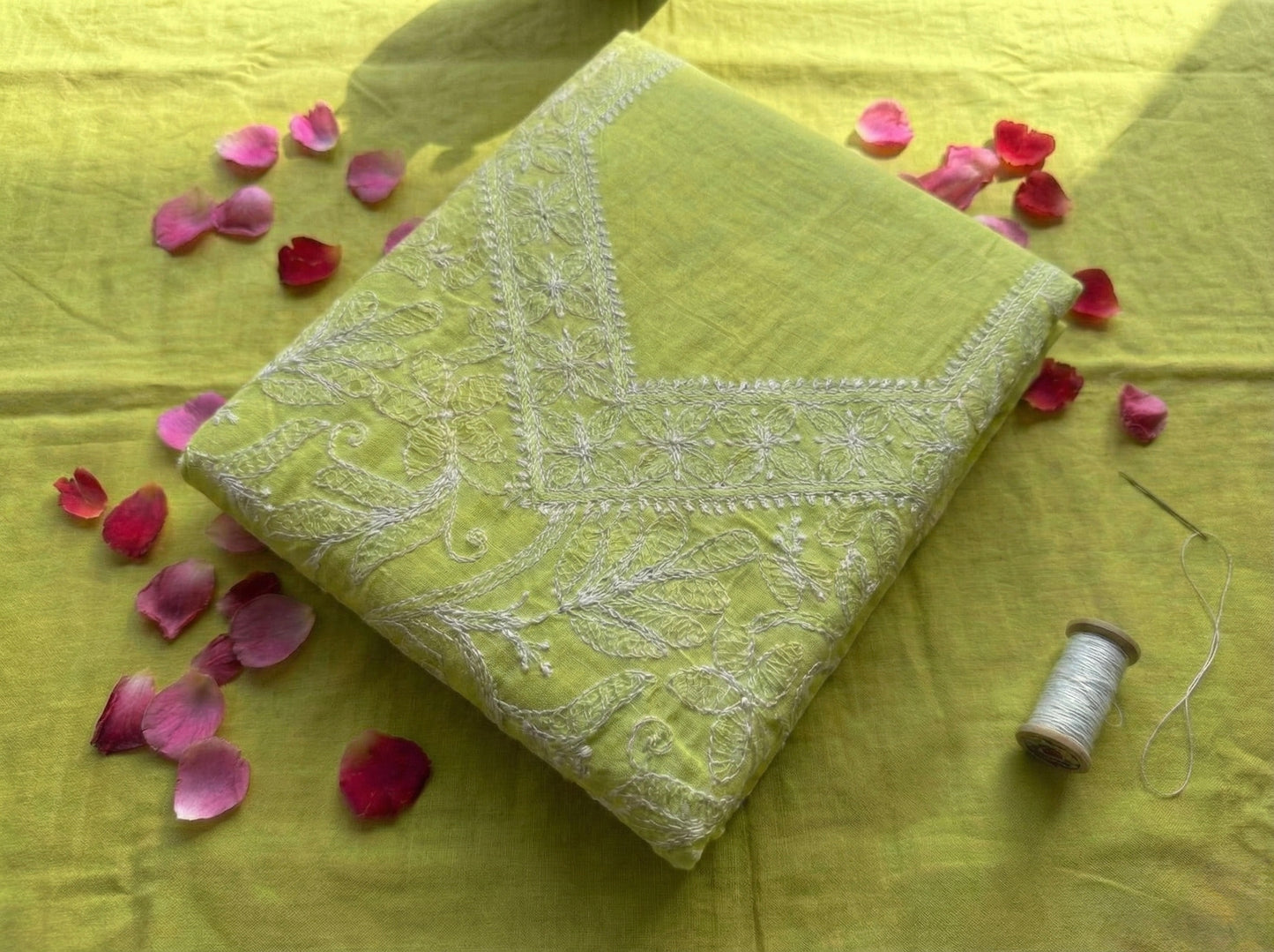 Parrot Green Cotton Lucknowi Chikankari Unstitched Suit Set for Women with Hand Embroidery – Kurta Fabric, Dupatta & Bottom 3 Piece Ethnic Dress Material