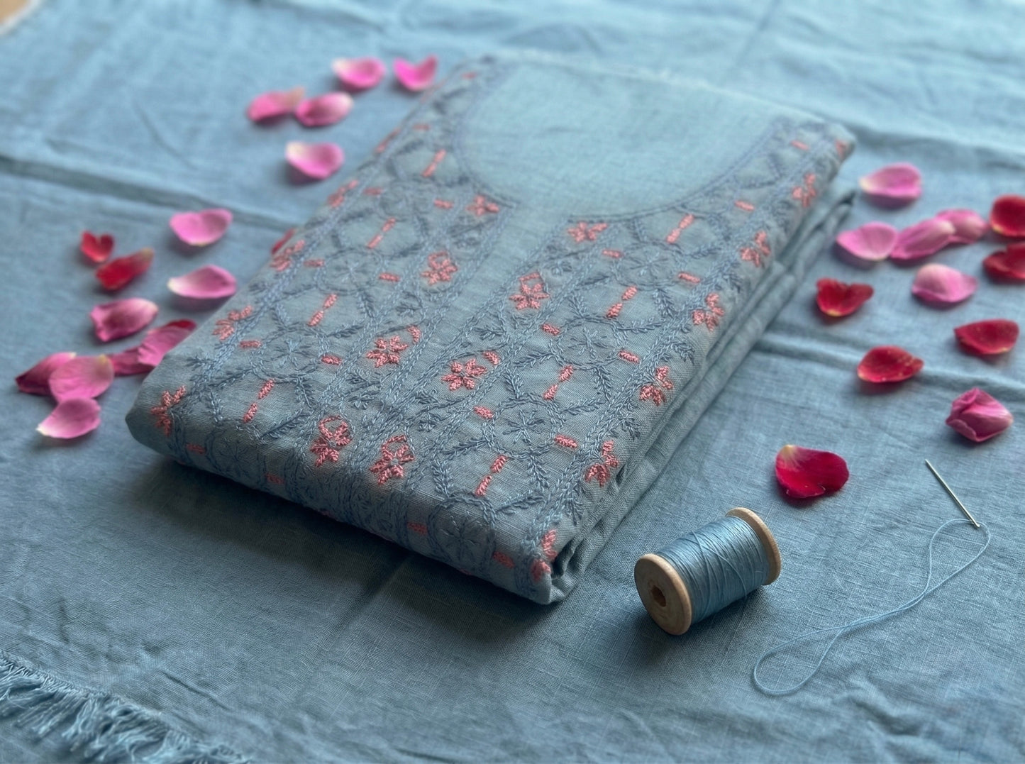Pure Mul Chanderi Unstitched Suit for Women | Lucknow Chikankari Hand Embroidery Kurta Material with Dupatta & Pajama | Powder Blue Ethnic Wear | Handmade Designer Dress Material