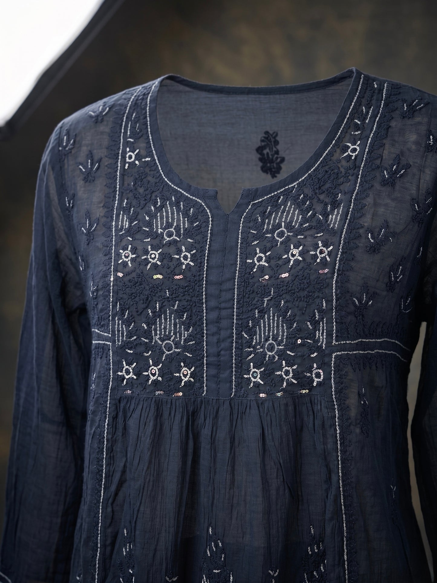 Nazaira Pure Mul Chanderi Semi-Stitched Suit for Women with Dupatta | Hand Embroidered Lucknow Chikankari Kurta Set | Heavy Cutdana & Sequence Work | Naira Cut Gown Style | Black