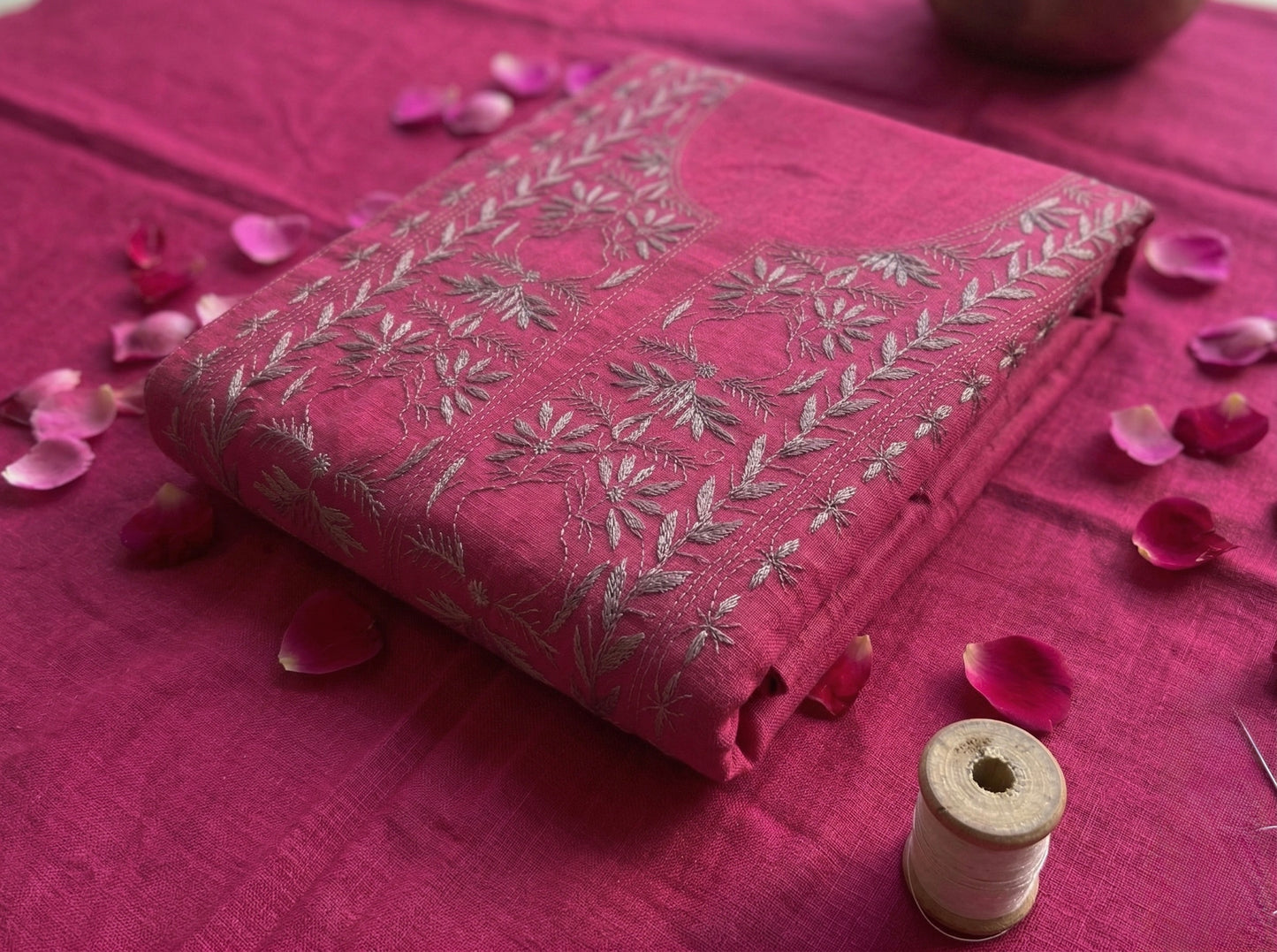 Pure Mul Chanderi Unstitched Suit for Women (3 Piece) Rani Pink | Lucknow Chikankari Hand Embroidery Kurta Dupatta Set | Ethnic Wear Dress Material with Pajama | Handmade Designer Suit