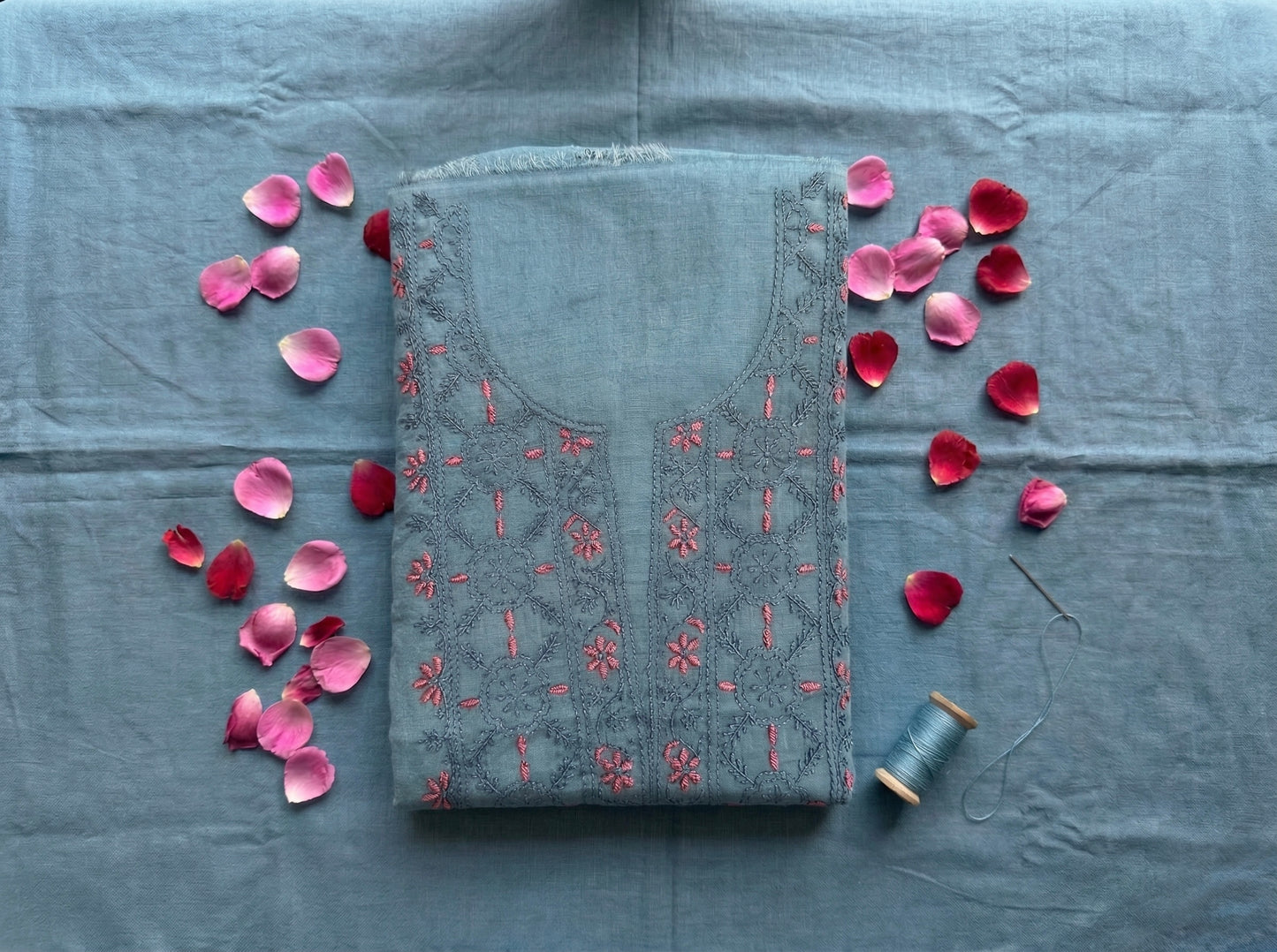 Pure Mul Chanderi Unstitched Suit for Women | Lucknow Chikankari Hand Embroidery Kurta Material with Dupatta & Pajama | Powder Blue Ethnic Wear | Handmade Designer Dress Material