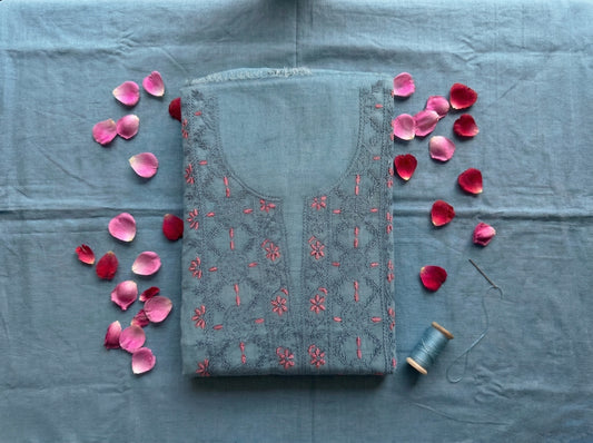 Pure Mul Chanderi Unstitched Suit for Women | Lucknow Chikankari Hand Embroidery Kurta Material with Dupatta & Pajama | Powder Blue Ethnic Wear | Handmade Designer Dress Material
