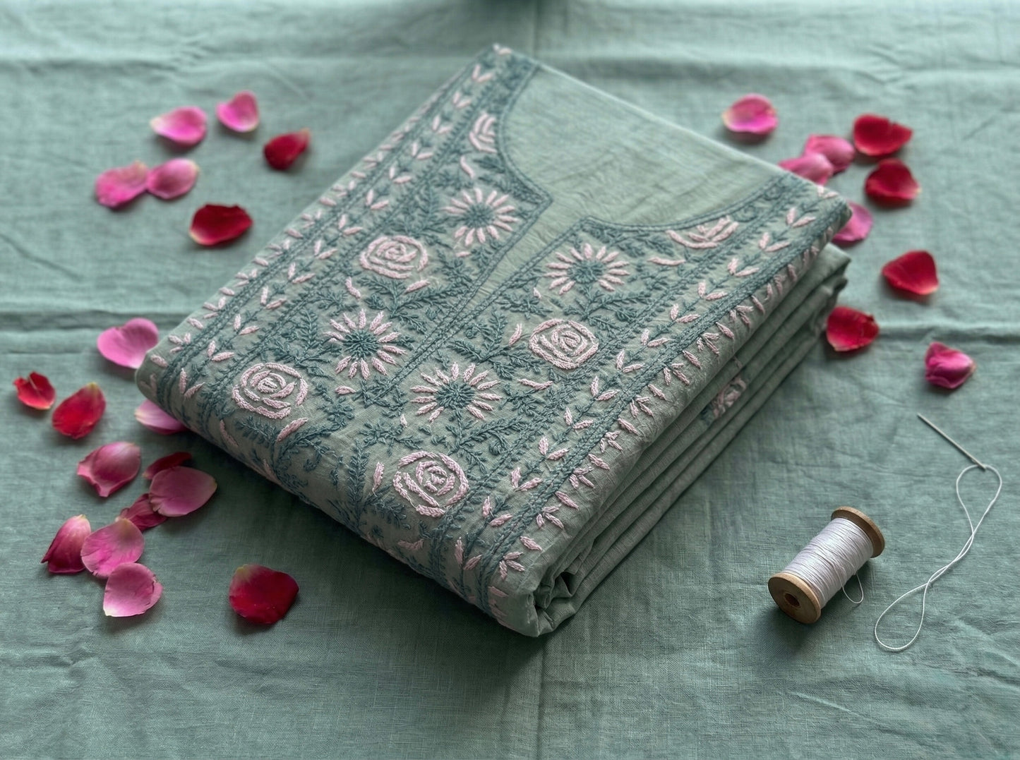 Pure Mul Chanderi Unstitched Suit for Women | Lucknow Chikankari Hand Embroidery | 3 Piece Dress Material with Dupatta & Bottom | Sage Green Ethnic Wear | Handmade Kurta Set