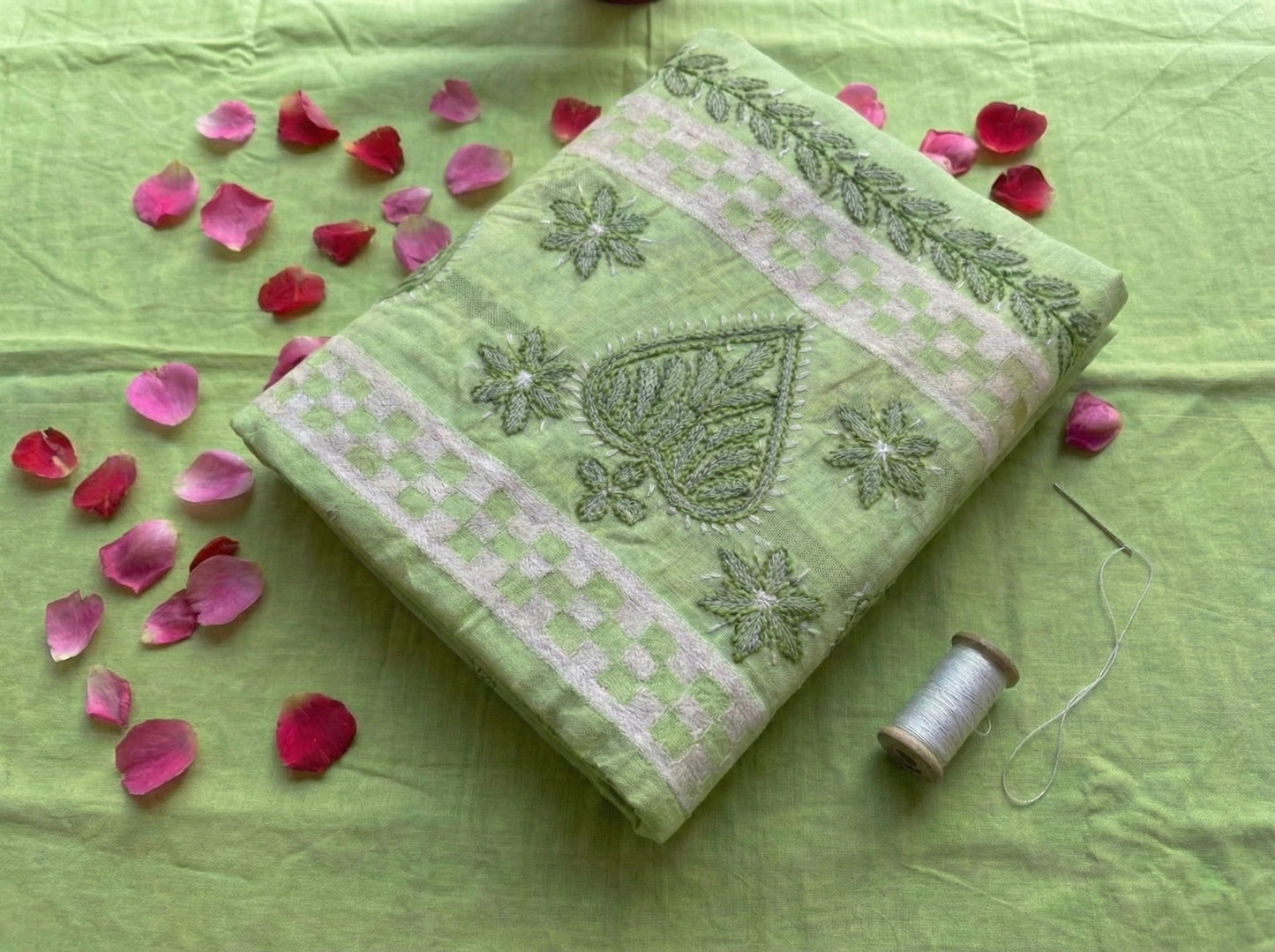 Green Cotton Lucknowi Chikankari Unstitched Suit Set for Women with Hand Embroidery – Kurta Fabric, Dupatta & Bottom 3 Piece Ethnic Dress Material