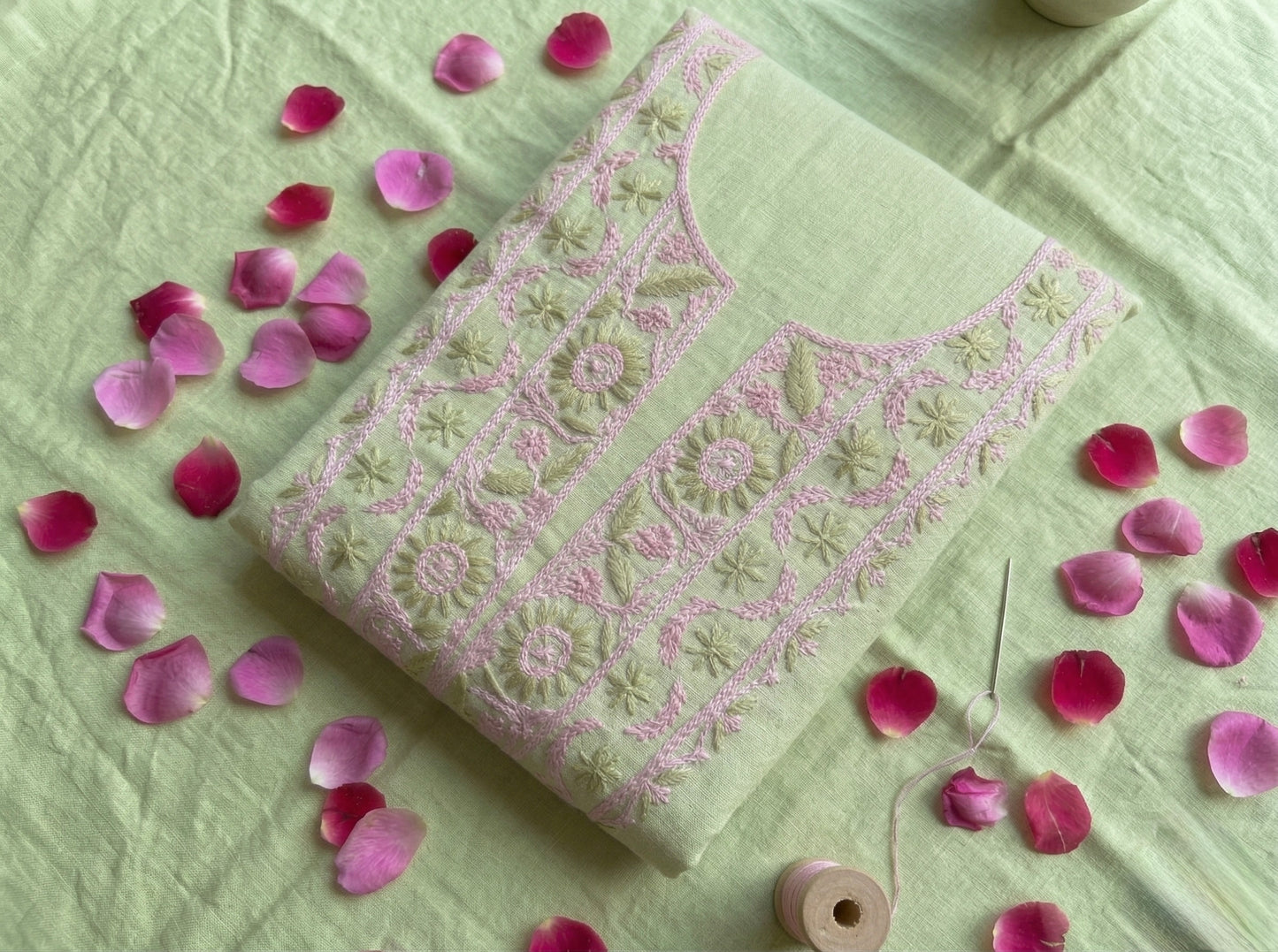 Pure Mul Chanderi Unstitched Suit for Women | Lucknow Chikankari Hand Embroidery Kurta Dress Material with Dupatta & Bottom | Pastel Green Ethnic Wear | Handmade Luckhnawi Chickankari Set