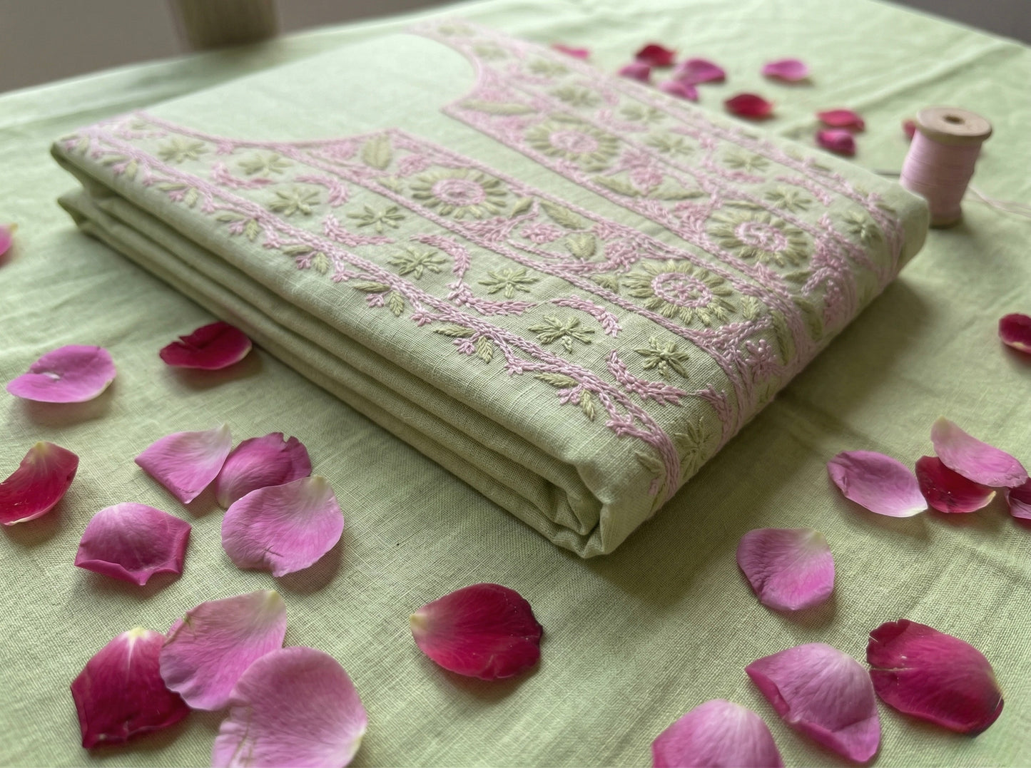 Pure Mul Chanderi Unstitched Suit for Women | Lucknow Chikankari Hand Embroidery Kurta Dress Material with Dupatta & Bottom | Pastel Green Ethnic Wear | Handmade Luckhnawi Chickankari Set