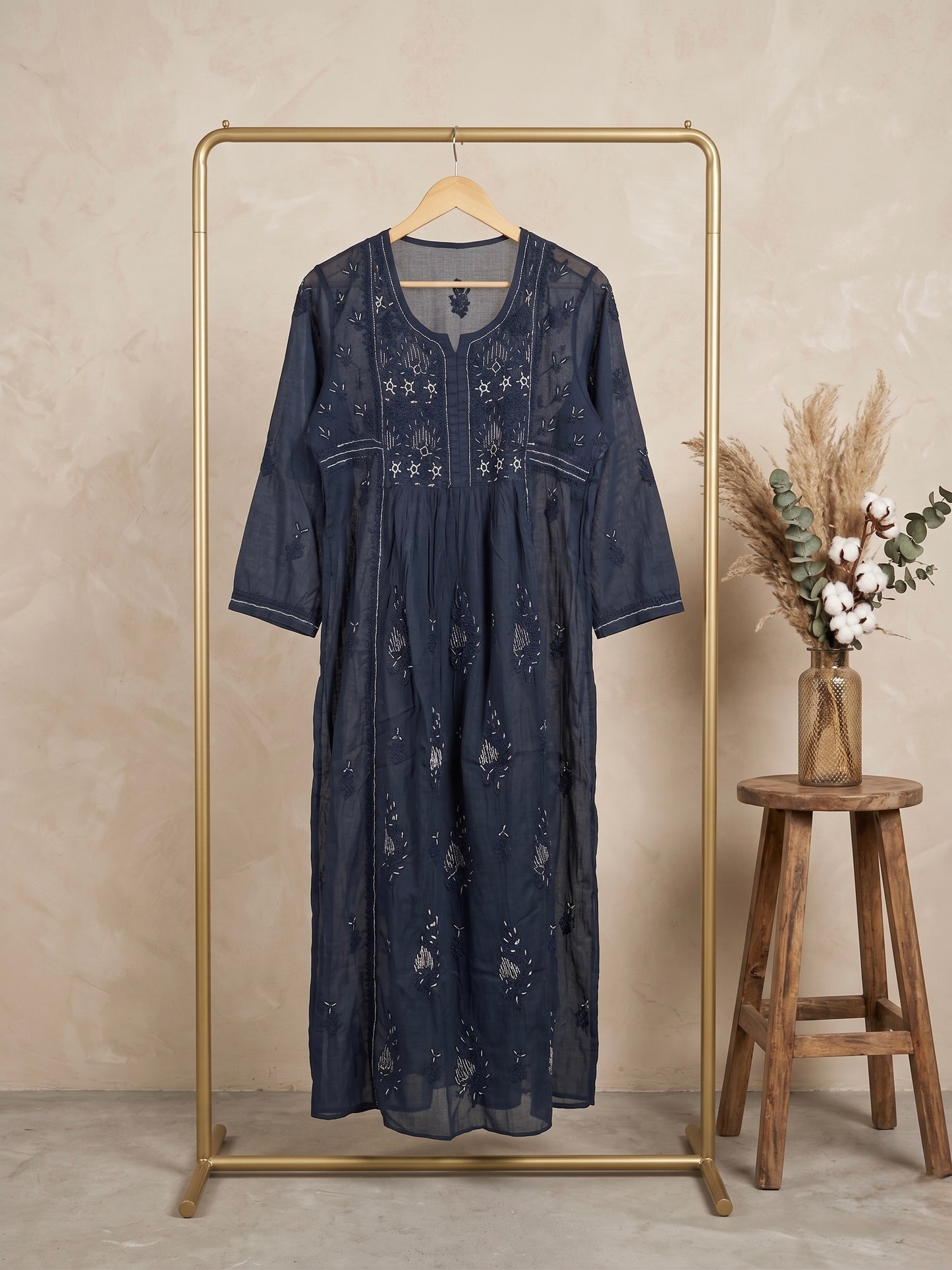 Nazaira Pure Mul Chanderi Semi-Stitched Suit for Women with Dupatta | Hand Embroidered Lucknow Chikankari Kurta Set | Heavy Cutdana & Sequence Work | Naira Cut Gown Style | Black