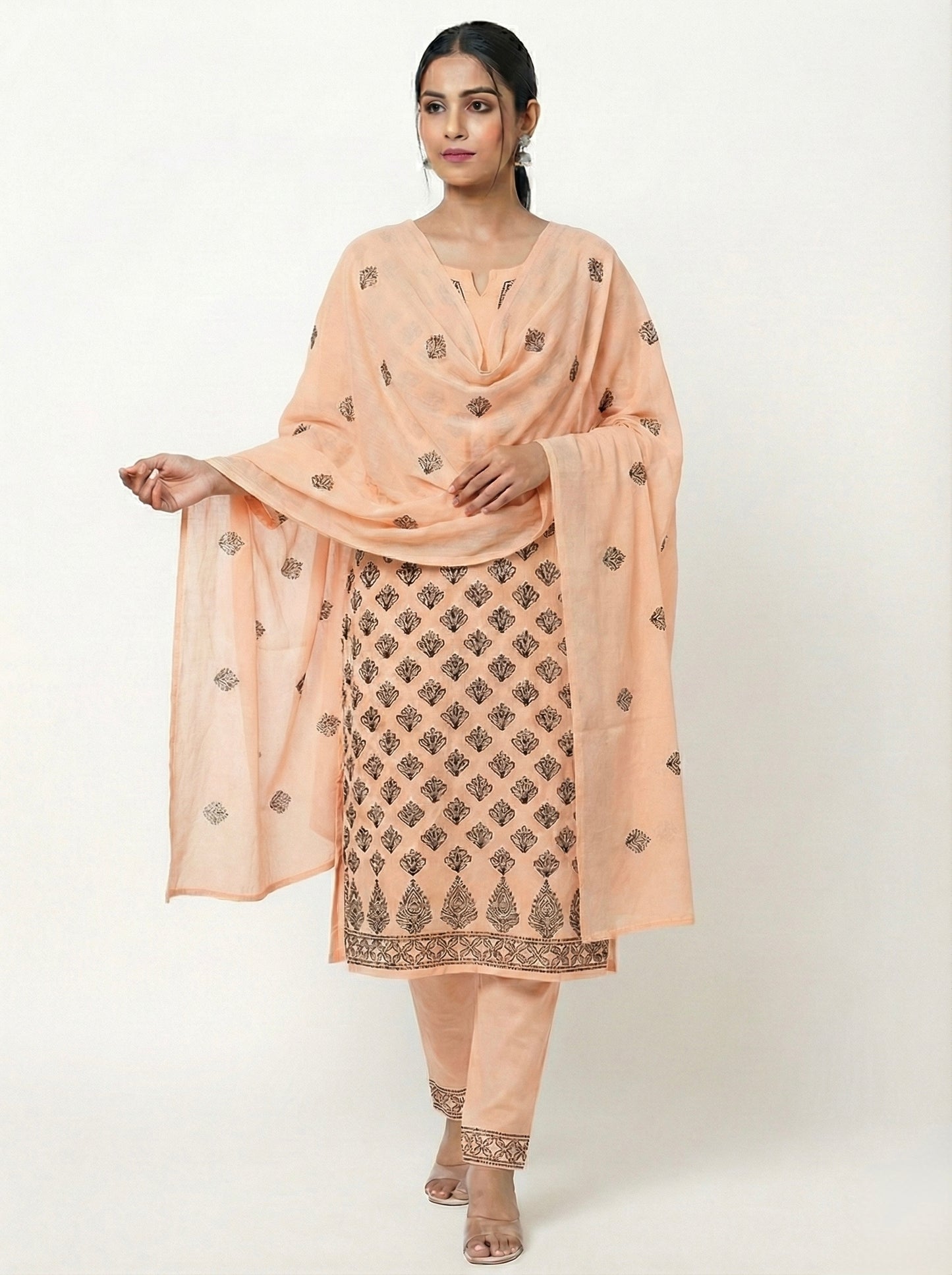 Orange Cotton Lucknowi Chikankari Unstitched Suit Set for Women with Hand Embroidery – Kurta Fabric, Dupatta & Bottom 3 Piece Ethnic Dress Material