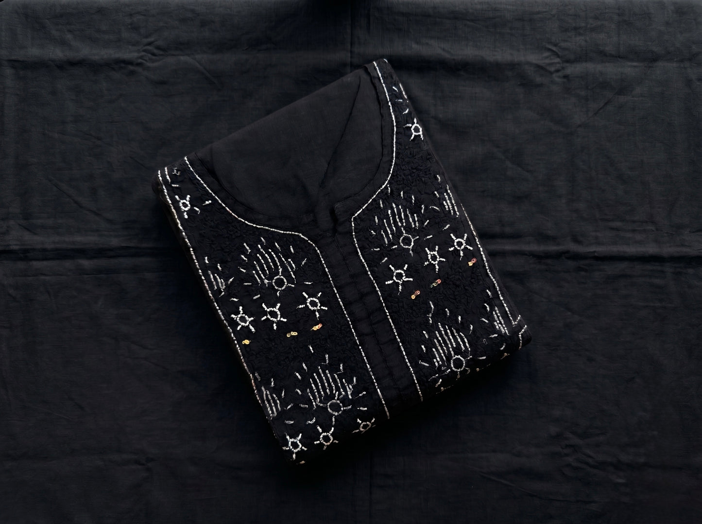 Nazaira Pure Mul Chanderi Semi-Stitched Suit for Women with Dupatta | Hand Embroidered Lucknow Chikankari Kurta Set | Heavy Cutdana & Sequence Work | Naira Cut Gown Style | Black