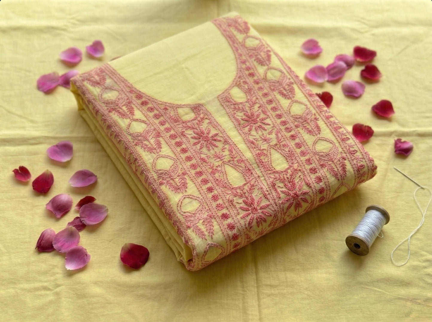 Pure Mul Chanderi Unstitched Suit for Women with Dupatta & Bottom | Lucknow Chikankari Hand Embroidery Kurta Set | Lemon Yellow Ethnic Wear | Designer 3 Piece Dress Material