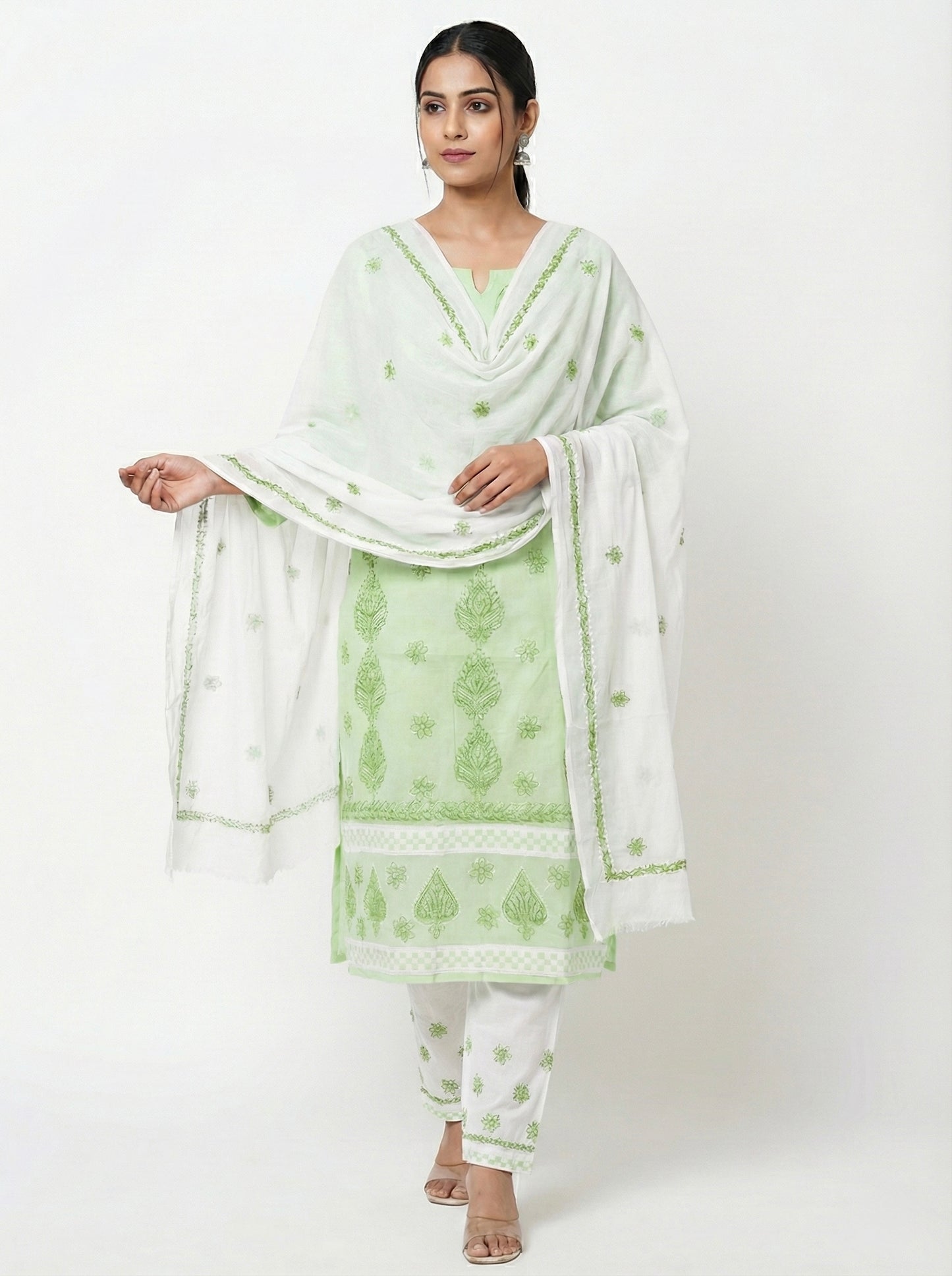 Green Cotton Lucknowi Chikankari Unstitched Suit Set for Women with Hand Embroidery – Kurta Fabric, Dupatta & Bottom 3 Piece Ethnic Dress Material