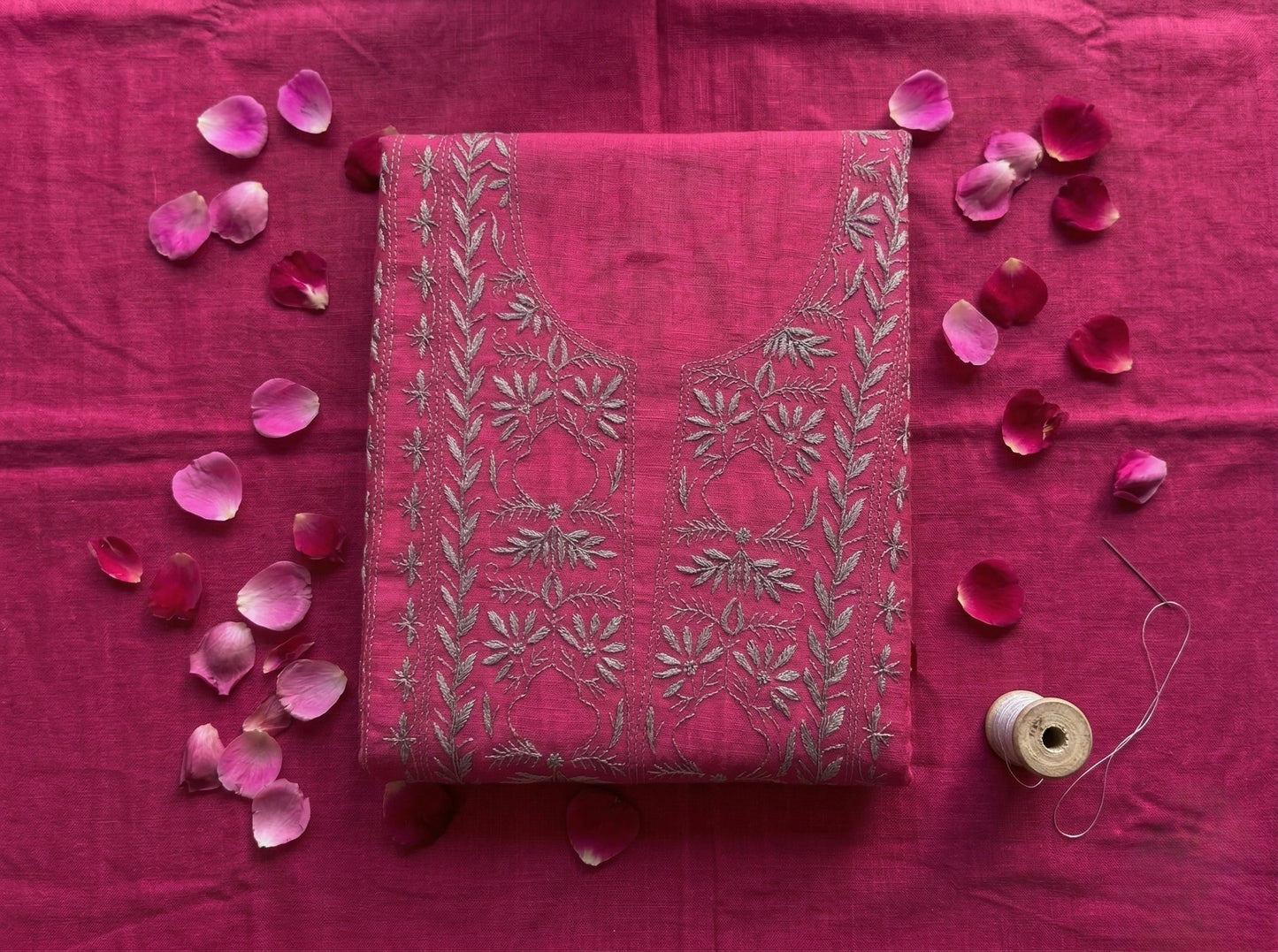 Pure Mul Chanderi Unstitched Suit for Women (3 Piece) Rani Pink | Lucknow Chikankari Hand Embroidery Kurta Dupatta Set | Ethnic Wear Dress Material with Pajama | Handmade Designer Suit