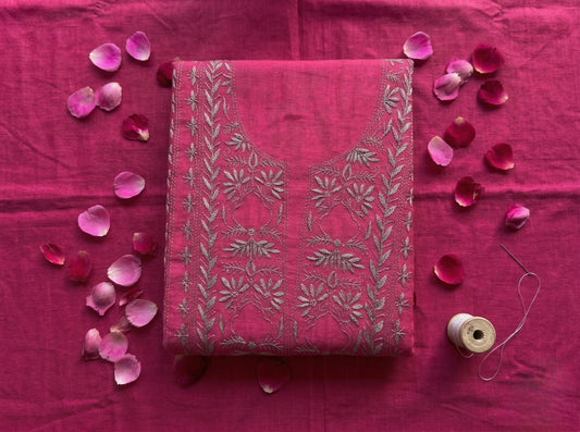 Pure Mul Chanderi Unstitched Suit for Women (3 Piece) Rani Pink | Lucknow Chikankari Hand Embroidery Kurta Dupatta Set | Ethnic Wear Dress Material with Pajama | Handmade Designer Suit
