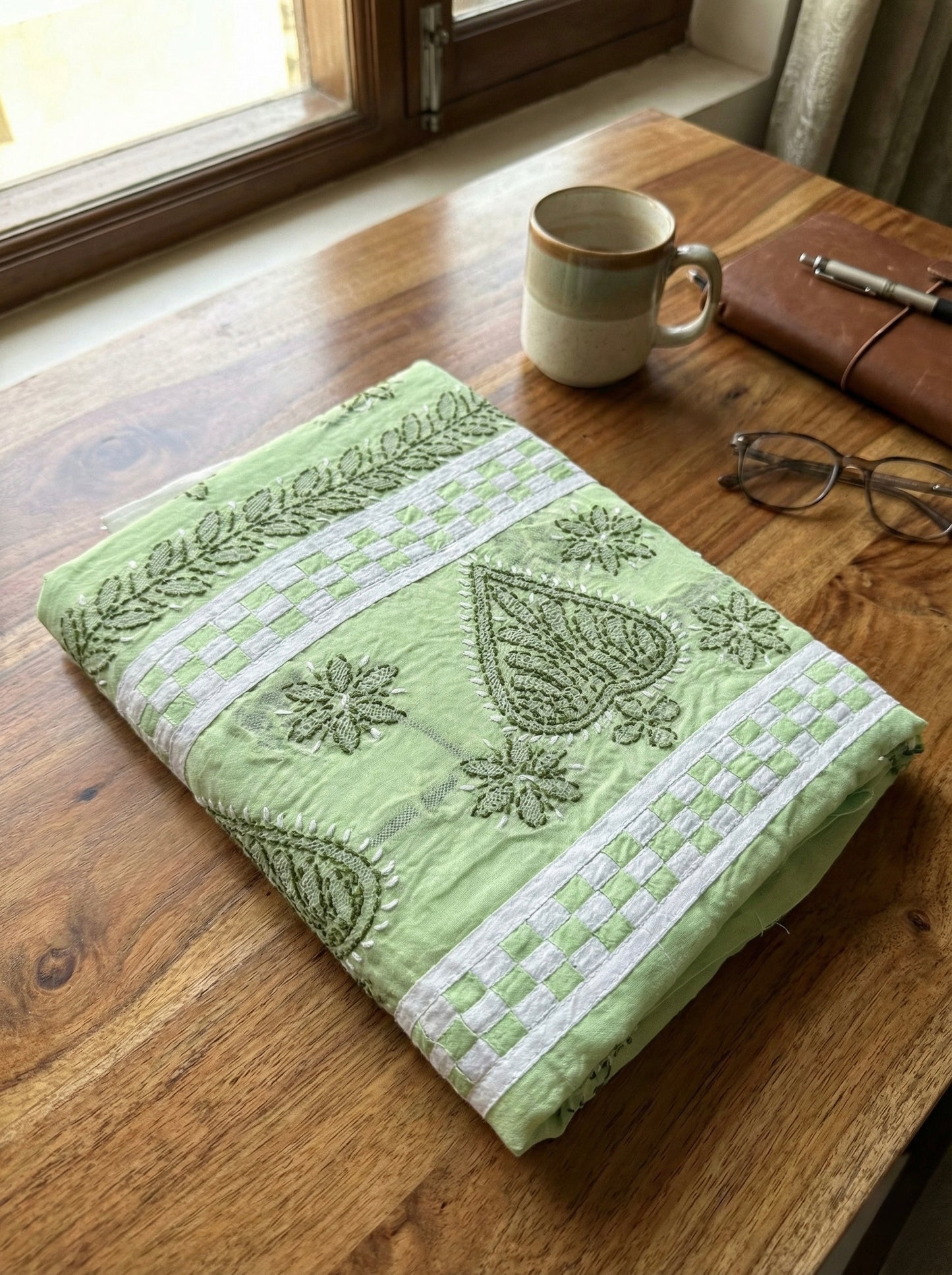 Green Cotton Lucknowi Chikankari Unstitched Suit Set for Women with Hand Embroidery – Kurta Fabric, Dupatta & Bottom 3 Piece Ethnic Dress Material