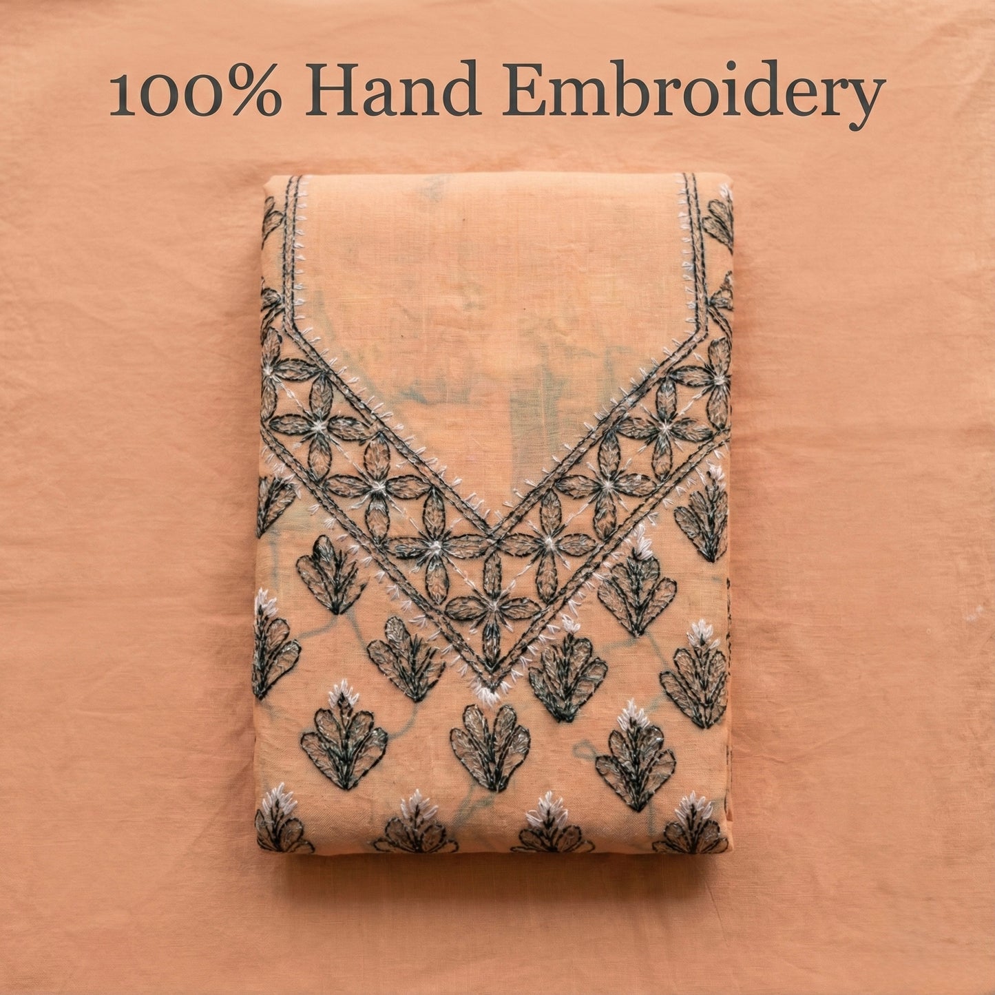 Orange Cotton Lucknowi Chikankari Unstitched Suit Set for Women with Hand Embroidery – Kurta Fabric, Dupatta & Bottom 3 Piece Ethnic Dress Material