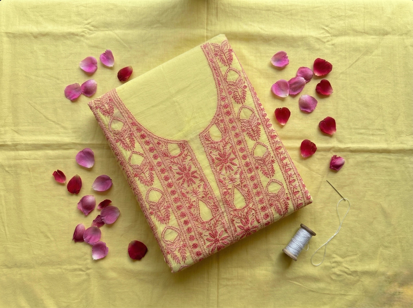 Pure Mul Chanderi Unstitched Suit for Women with Dupatta & Bottom | Lucknow Chikankari Hand Embroidery Kurta Set | Lemon Yellow Ethnic Wear | Designer 3 Piece Dress Material
