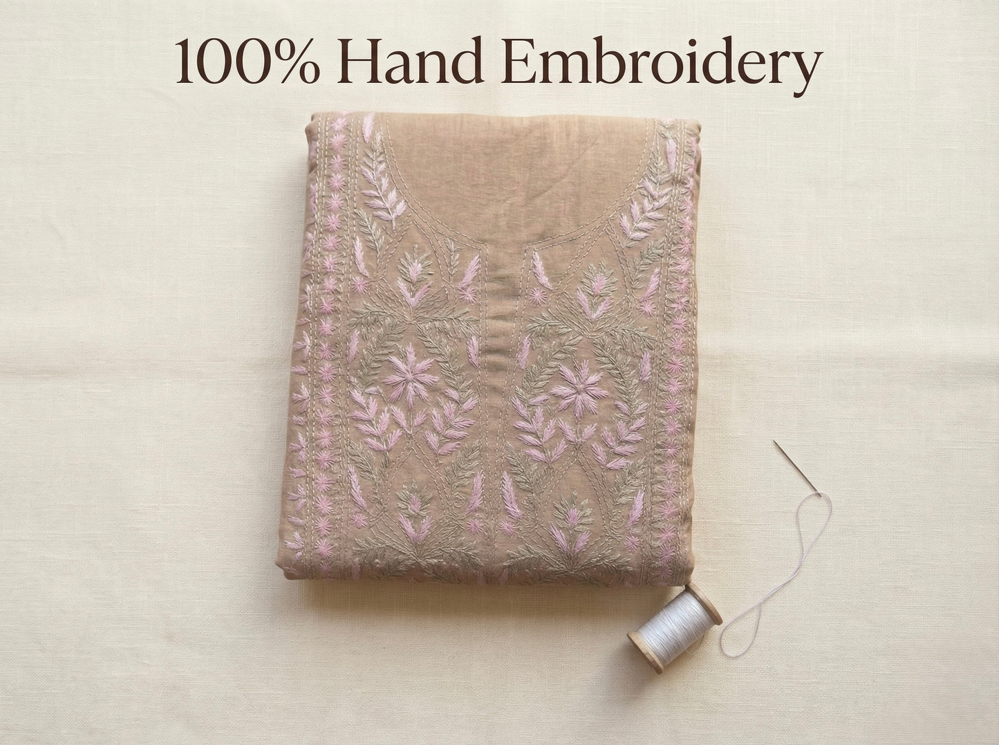 Pure Mul Chanderi Unstitched Suit for Women with Dupatta & Bottom | Lucknow Chikankari Hand Embroidery Kurta Dress Material | Designer Ethnic Wear Set | Handmade Chikankari Fabric | Tan Beige