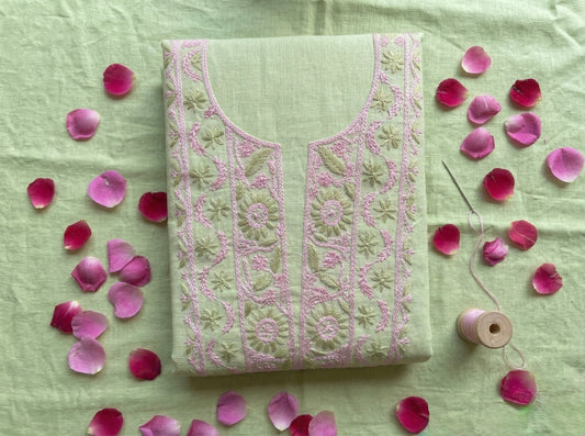 Pure Mul Chanderi Unstitched Suit for Women | Lucknow Chikankari Hand Embroidery Kurta Dress Material with Dupatta & Bottom | Pastel Green Ethnic Wear | Handmade Luckhnawi Chickankari Set
