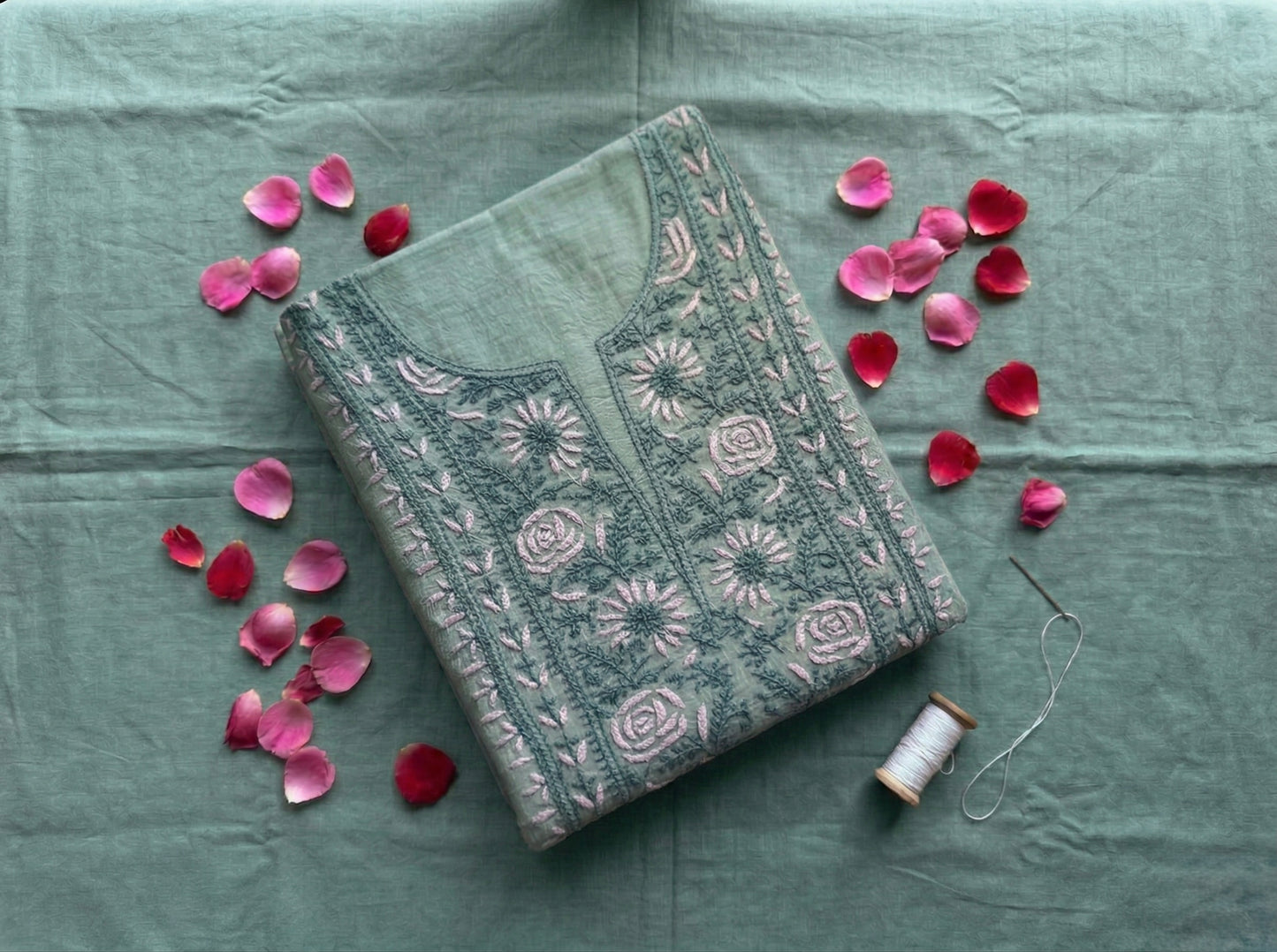 Pure Mul Chanderi Unstitched Suit for Women | Lucknow Chikankari Hand Embroidery | 3 Piece Dress Material with Dupatta & Bottom | Sage Green Ethnic Wear | Handmade Kurta Set