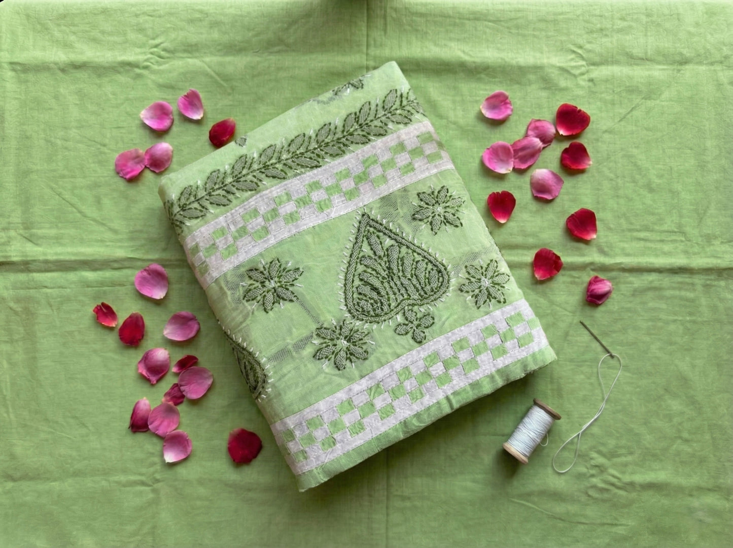 Green Cotton Lucknowi Chikankari Unstitched Suit Set for Women with Hand Embroidery – Kurta Fabric, Dupatta & Bottom 3 Piece Ethnic Dress Material