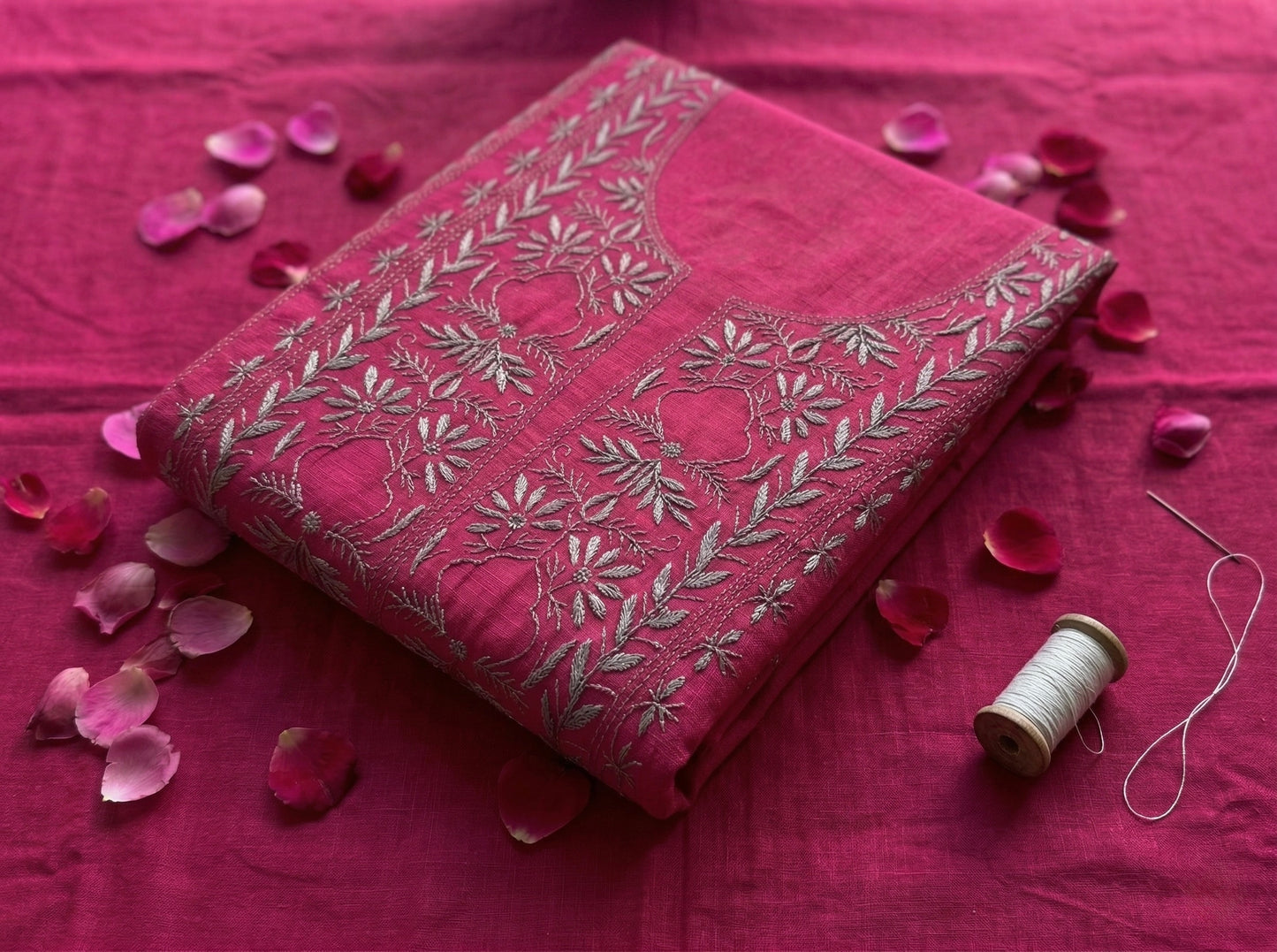 Pure Mul Chanderi Unstitched Suit for Women (3 Piece) Rani Pink | Lucknow Chikankari Hand Embroidery Kurta Dupatta Set | Ethnic Wear Dress Material with Pajama | Handmade Designer Suit