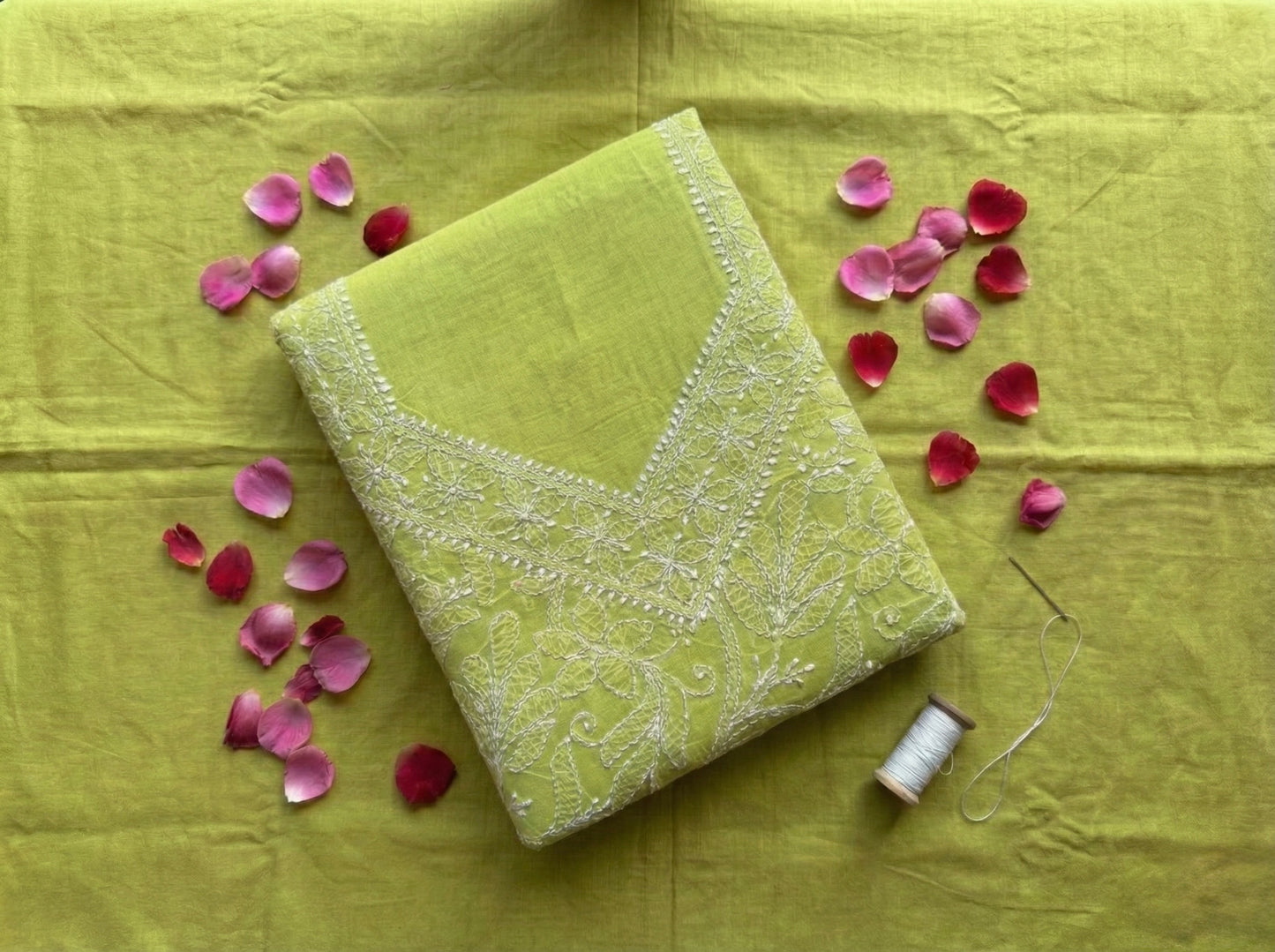 Parrot Green Cotton Lucknowi Chikankari Unstitched Suit Set for Women with Hand Embroidery – Kurta Fabric, Dupatta & Bottom 3 Piece Ethnic Dress Material