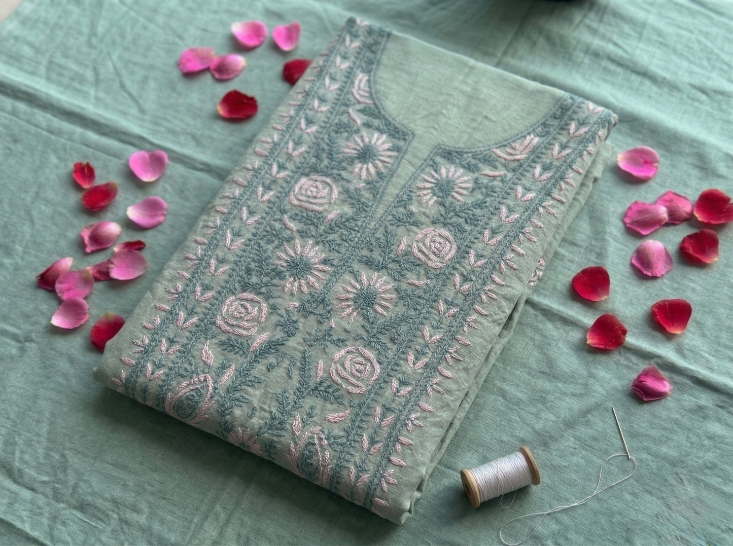 Pure Mul Chanderi Unstitched Suit for Women | Lucknow Chikankari Hand Embroidery | 3 Piece Dress Material with Dupatta & Bottom | Sage Green Ethnic Wear | Handmade Kurta Set