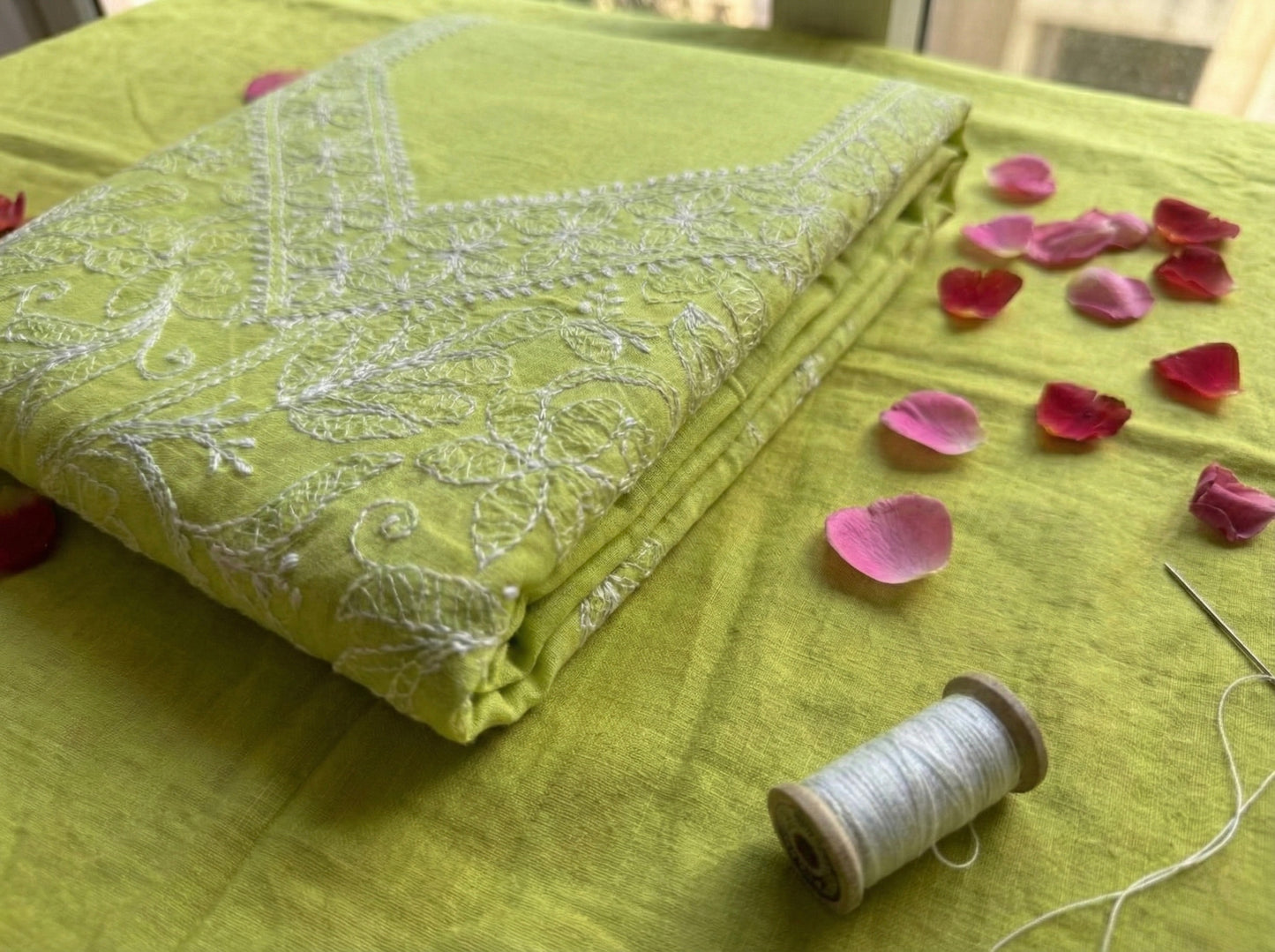 Parrot Green Cotton Lucknowi Chikankari Unstitched Suit Set for Women with Hand Embroidery – Kurta Fabric, Dupatta & Bottom 3 Piece Ethnic Dress Material