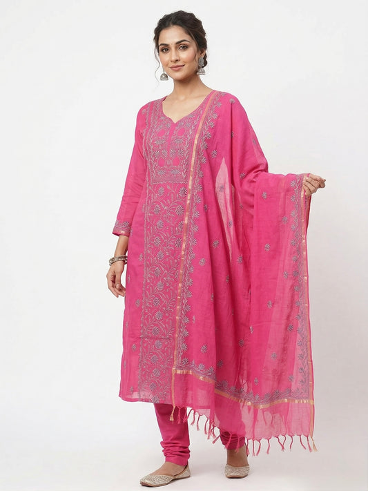 Pure Mul Chanderi Unstitched Suit for Women (3 Piece) Rani Pink | Lucknow Chikankari Hand Embroidery Kurta Dupatta Set | Ethnic Wear Dress Material with Pajama | Handmade Designer Suit