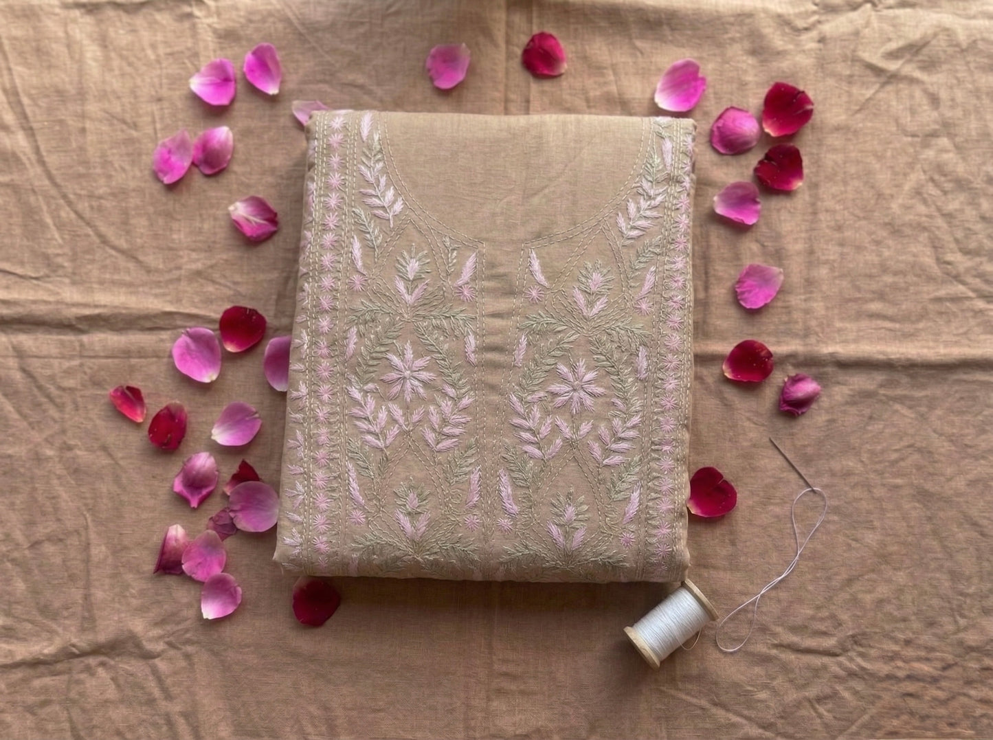 Pure Mul Chanderi Unstitched Suit for Women with Dupatta & Bottom | Lucknow Chikankari Hand Embroidery Kurta Dress Material | Designer Ethnic Wear Set | Handmade Chikankari Fabric | Tan Beige