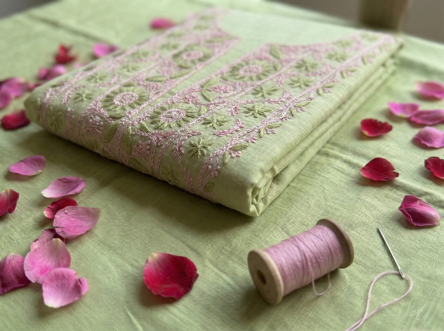 Pure Mul Chanderi Unstitched Suit for Women | Lucknow Chikankari Hand Embroidery Kurta Dress Material with Dupatta & Bottom | Pastel Green Ethnic Wear | Handmade Luckhnawi Chickankari Set