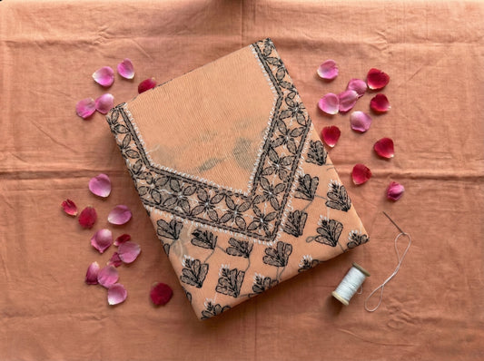 Orange Cotton Lucknowi Chikankari Unstitched Suit Set for Women with Hand Embroidery – Kurta Fabric, Dupatta & Bottom 3 Piece Ethnic Dress Material